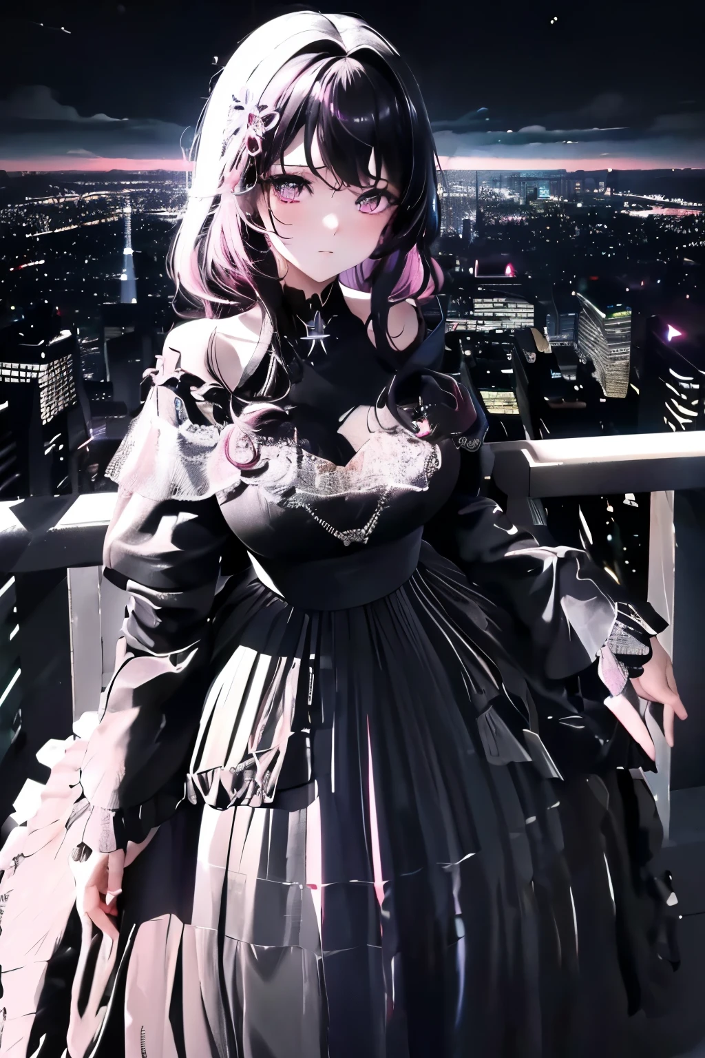 anime, (obra de arte, melhor qualidade, ultra-detalhado, alto contraste), 1 mulher (Sozinho, corpo todo, corpo plus size, standing on the edge of the skyscraper, cabelo prateado, CABELO LONGO E FLUXO, olhos vermelhos brilhantes de rubi, (vestido preto, black cybernetics with neon pink), meias pretas transparentes), (skyscraper roof, com vista para uma cidade, fundo detalhado ((night time, Darkness, low light pollution)))