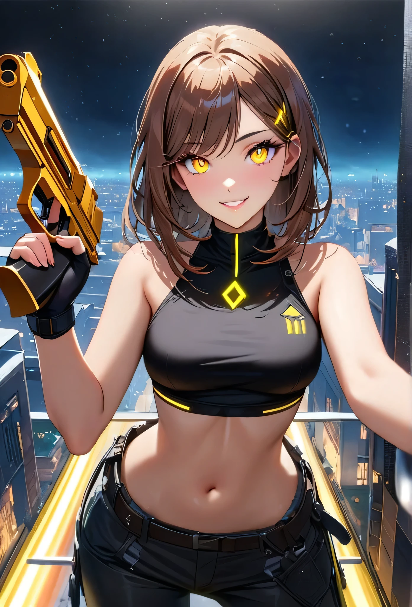 short and dinamic hair, gorgeous woman, brown hair ,yellow glowing eyes, perfect lips, elegant smile , confident smile, standing, cute expression, cute face, fingerless gloves,  gun,  cropped tank top, elegant  pose, ultra detailed face, long eyelashes, sharp eyes , Fullbody shot, night sky , dinamic point of view, diferents point of view, top of building, nsfw 