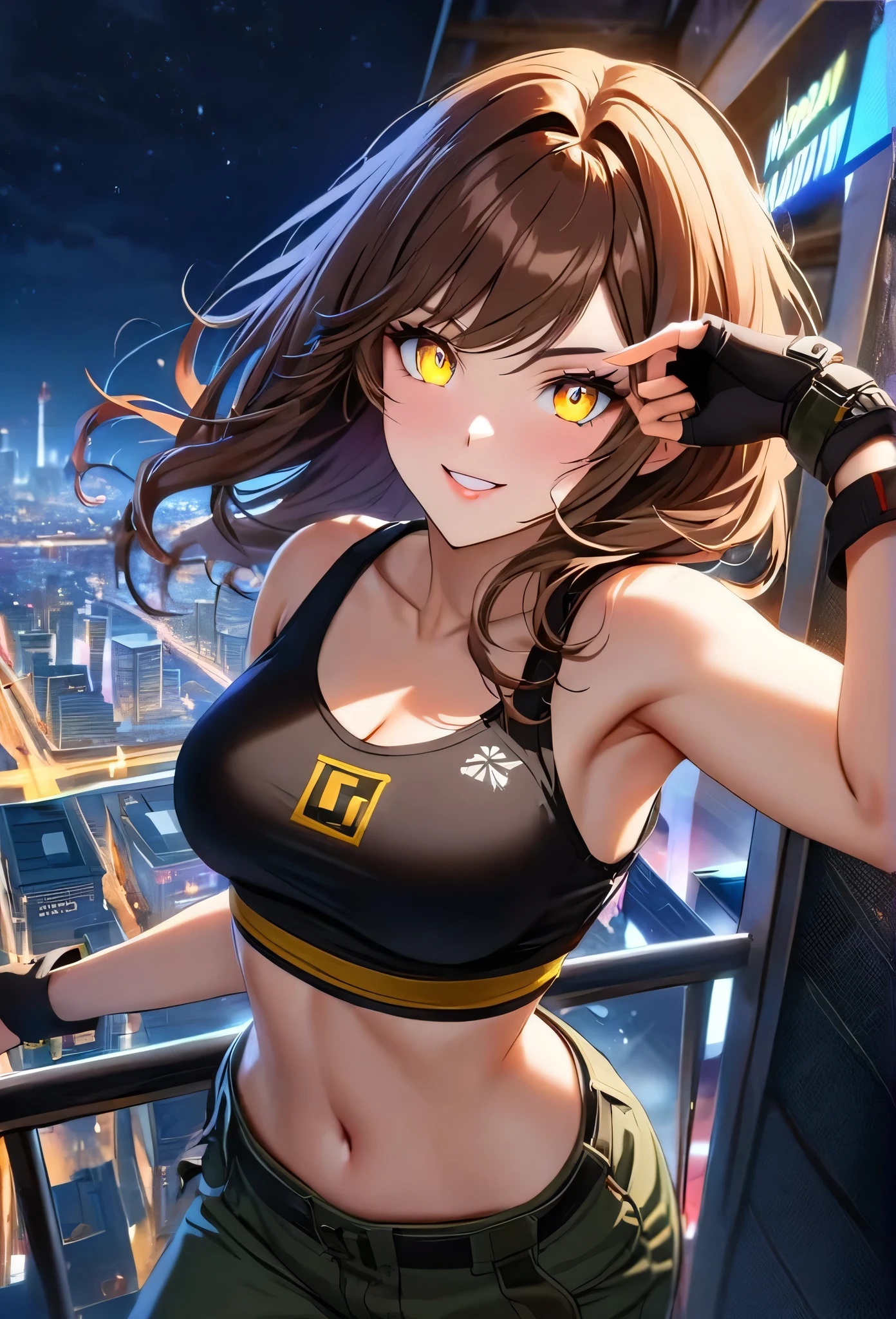 short and dinamic hair, gorgeous woman, brown hair ,yellow glowing eyes, perfect lips, elegant smile , confident smile, standing, cute expression, cute face, fingerless gloves,  gun,  cropped tank top, elegant  pose, ultra detailed face, long eyelashes, sharp eyes , Fullbody shot, night sky , dinamic point of view, diferents point of view, top of building, nsfw 