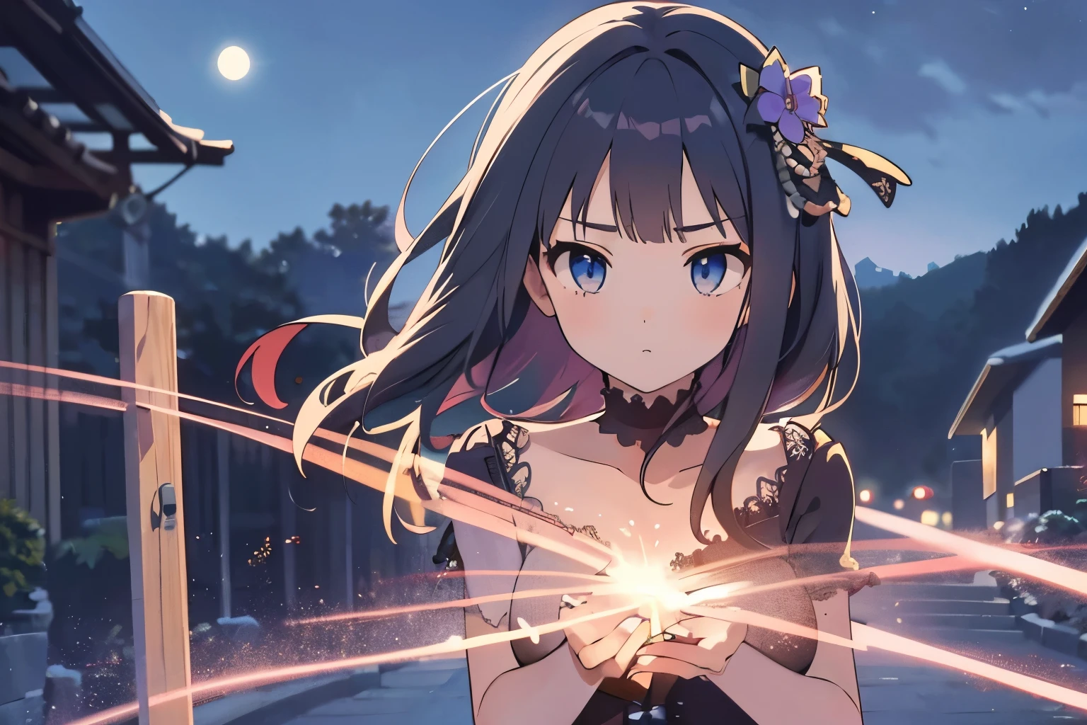 masterpiece, highest quality, ((anime)), 4K,8k,style,masterpiece, Creating beautiful women, at night long charge, ((Very detailed)), Outdoor, night, nature, (performer, full moon), Shadow, Contrast, sunny, (style, (Film Grain: 1.3), (Warm shades, Warm Tones): 1.2), fullbody, Cinematic Light, Side lighting, 超High resolution, (The best shade), born, walk, poetry,(highest quality、masterpiece、High resolution、detailed)、animestyle、Flat style、(Beautiful Eyes, Delicate and beautiful face, ), BREAK,1 girl、extremely detailed、Dynamic Angle、anime