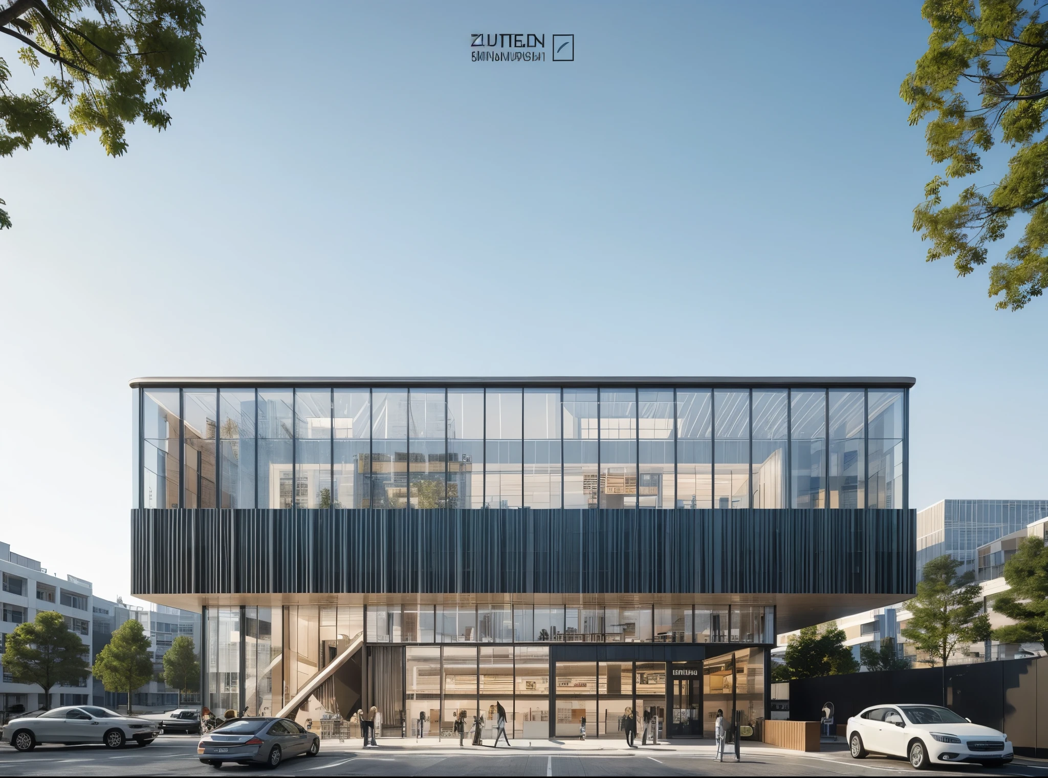 SYJZ,This is a picture of architectural design. There is a modern building in the picture. The exterior design of the building is composed of multiple curves,the color of the curves is white,and the material of the curves is metal. There are some shops under the building. The exterior design of the shops is glass,and the color of the shops is dark green. There are some trees around the building. The color of the trees is green. The background of the building is some tall buildings,and the color of the tall buildings is gray,watermark,