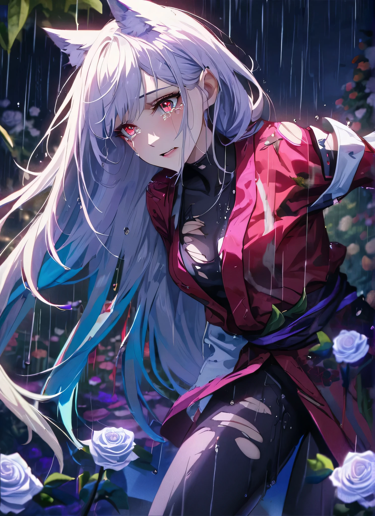  detail description,professional,vivid colors,bokeh,portraits, nsfw

A gorgeous girl, wolf ears, wearing a  very damaged kimono samurai suit, a very ripped damaged kimono suit, missing parts of the suit, very ripped clothes, she's sad, tears, heartbroken, hurt, blood, dark garden, white roses, ultra detailed face, long eyelashes, sharp eyes, perfect make up, white ultra long hair, fullbody shot, garden, night, rain, dramatic scenario, cowboy shot, running in the rain, running in tears, running fast 