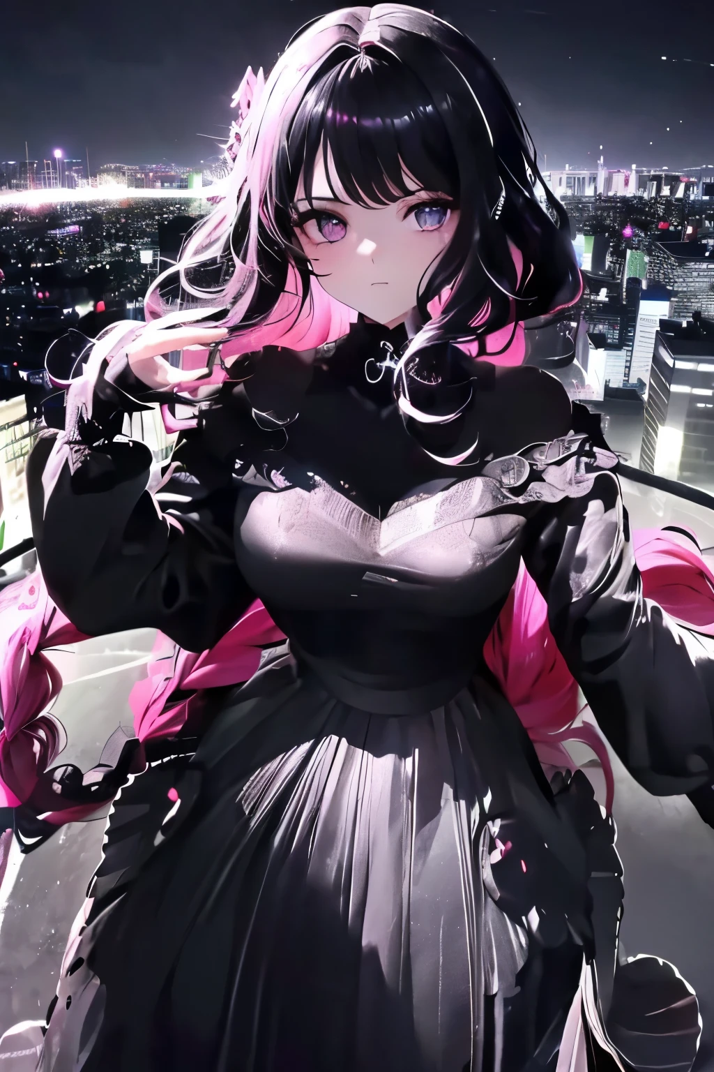 anime, (obra de arte, melhor qualidade, ultra-detalhado, alto contraste), 1 mulher (Sozinho, corpo todo, corpo plus size, standing on the edge of the skyscraper, cabelo prateado, CABELO LONGO E FLUXO, olhos vermelhos brilhantes de rubi, (vestido preto, black cybernetics with neon pink), meias pretas transparentes), (skyscraper roof, com vista para uma cidade, fundo detalhado ((night time, Darkness, low light pollution)))