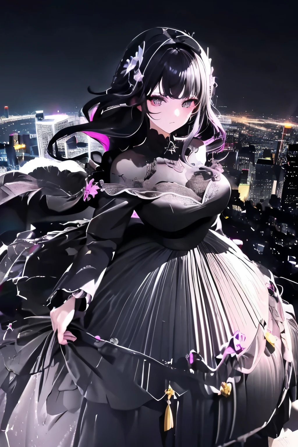 anime, (obra de arte, melhor qualidade, ultra-detalhado, alto contraste), 1 mulher (Sozinho, corpo todo, corpo plus size, standing on the edge of the skyscraper, cabelo prateado, CABELO LONGO E FLUXO, olhos vermelhos brilhantes de rubi, (vestido preto, black cybernetics with neon pink), meias pretas transparentes), (skyscraper roof, com vista para uma cidade, fundo detalhado ((night time, Darkness, low light pollution)))