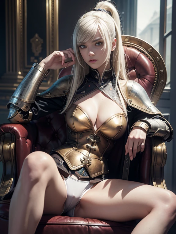 8K,Masterpiece,(female knight),whole body,Separate Steampunk Armor,Slender figure,Long Hair,Realistic, Sci-fi fantasy,female game character,Cleavage,(White panties),front,sit in a high-quality chair with a backrest,Open leg pose,