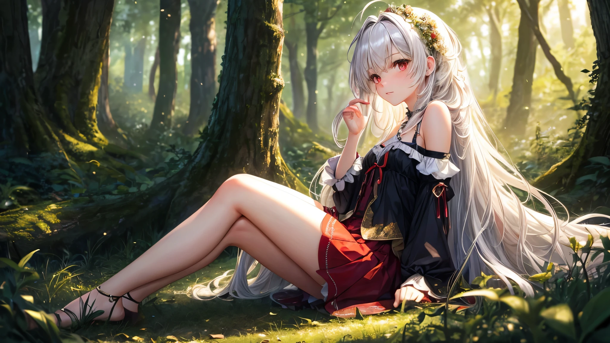 ((masterpiece)), (High resolution), (highest quality), (super detailed), (figure), original, Highly detailed 8K wallpaper, ((1 girl)), (very delicate and beautiful), forest, sunlight, particles of light, ,cute, ((messy hair)), very long bright white hair, red eyes, bare shoulders ,delicate legs, black skirt ,looking at the viewer, Looks straight into your eyes, her gaze is directed at you, sitting,from the side from the side, small breasts,