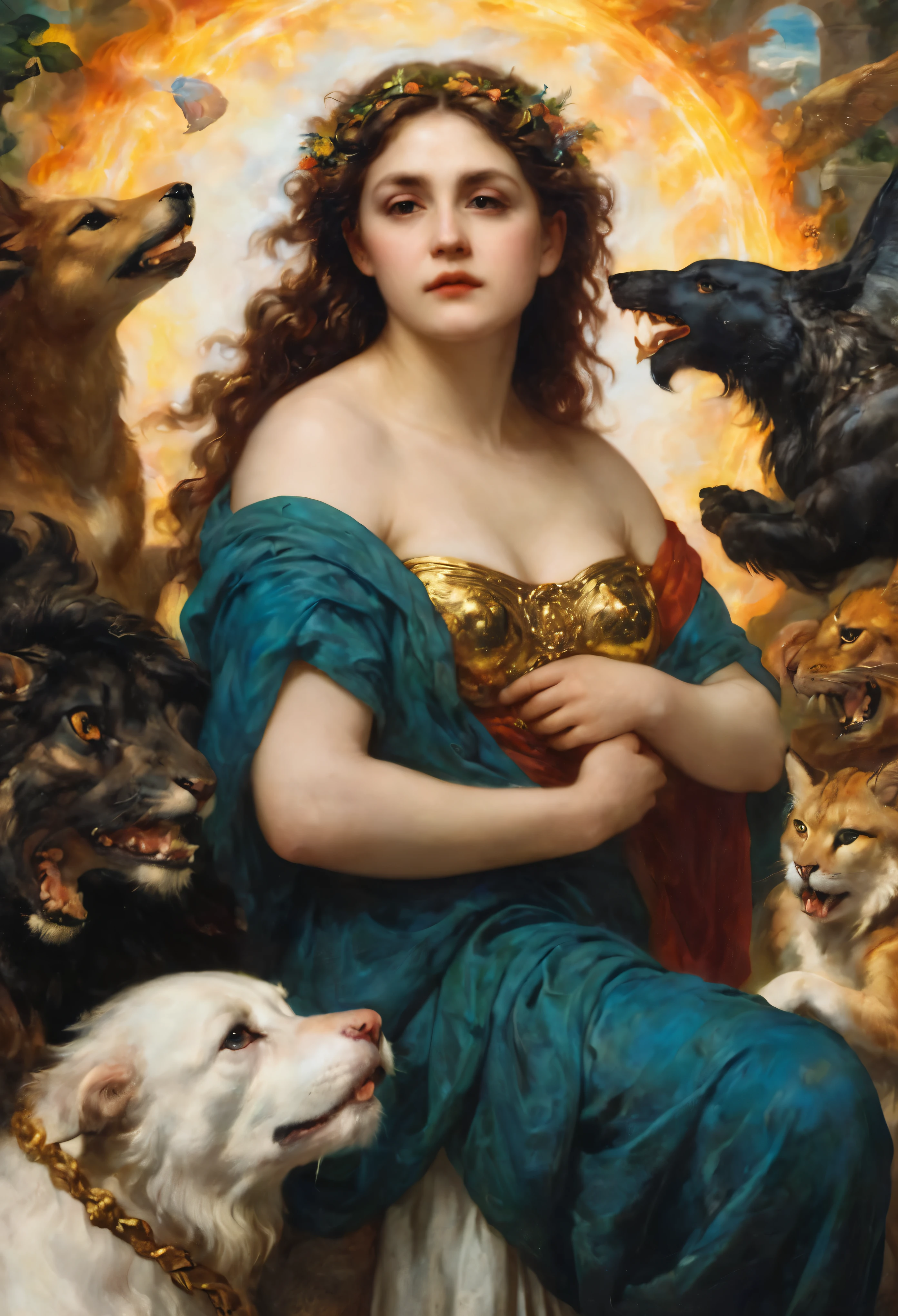 an oil painting art piece depicting the Greek Goddess Circe from Greek or Roman mythology, inspired by Peter Paul Rubens' painting style. Capture Circe's magical and enchanting presence as she stands with a mystical aura, surrounded by enchantments and mythical creatures. Infuse the painting with vibrant colors, dramatic lighting, and intricate details characteristic of Rubens' dynamic and emotive style. Let Circe's power and beauty shine through in a captivating portrayal that brings her mythological essence to life on the canvas, masterpiece, award winning, best quality, highly detailed, flawless artwork,
