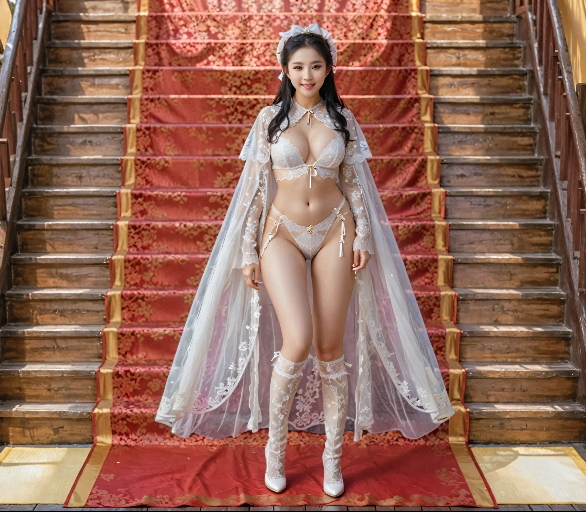 Priest dress, Lustful eyes, lustful smile, ㄝSexy golden white bikini underwear，Lace lingerie, Lace panties, long legged girl, Put on white boots, ,full body xianxia, Huge breasts，Put on your hat，fantasy服装, Put on a cape, Lace cape，穿着fantasy服装, Real 8000g，Impeccable，masterpiece，Professional artwork，masterpiece，Light，Movie Bloom，Perfect face，Pretty Face，fantasy，Dreamy and magical，not real，Intricate details，beautiful pattern