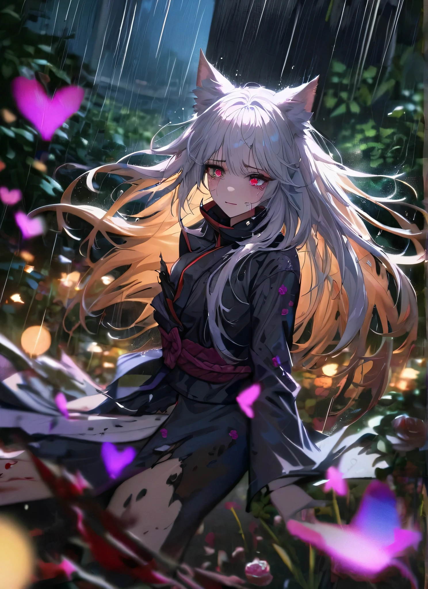 detail description,professional,vivid colors,bokeh,portraits, nsfw
A gorgeous girl, wolf ears, wearing a very damaged kimono samurai suit, a very ripped damaged kimono suit, missing parts of the suit, very ripped clothes, she's sad, tears, heartbroken, hurt, blood, dark garden, white roses, ultra detailed face, long eyelashes, sharp eyes, perfect make up, white ultra long hair, fullbody shot, garden, night, rain, dramatic scenario, cowboy shot, running in the rain, running in tears, running fast