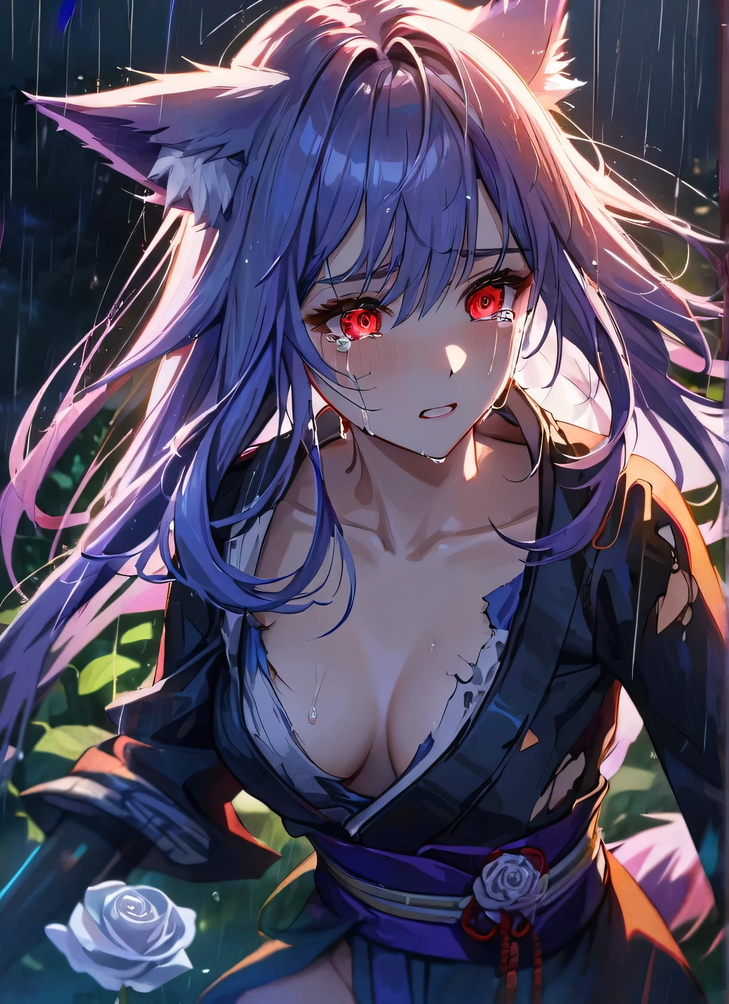  detail description,professional,vivid colors,bokeh,portraits, nsfw

A gorgeous girl, wolf ears, wearing a  very damaged kimono samurai suit, a very ripped damaged kimono suit, missing parts of the suit, very ripped clothes, she's sad, tears, heartbroken, hurt, blood, dark garden, white roses, ultra detailed face, long eyelashes, sharp eyes, perfect make up, white ultra long hair, fullbody shot, garden, night, rain, dramatic scenario, cowboy shot, running in the rain, running in tears, running fast 