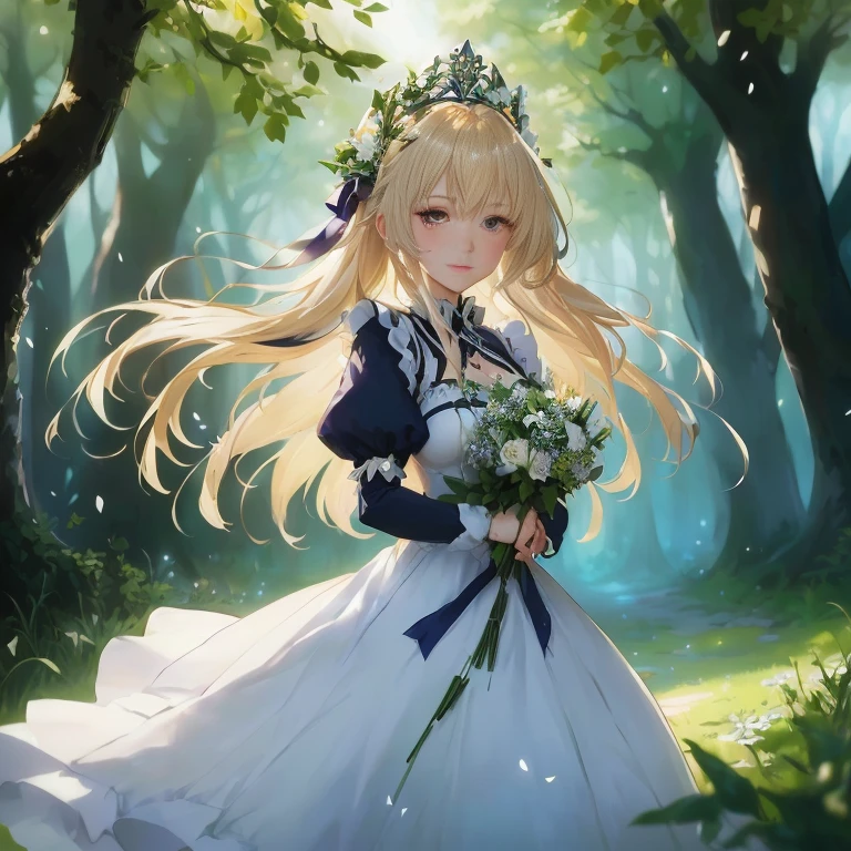 anime girl in a white dress holding a bouquet of flowers, a maid in a magical forest, a sexy maid in a magical forest, cushart krenz key art feminine, anime lush john 8k woods, marisa kirisame, artoria pendragon, in dress, violet evergarden, guweiz on pixiv artstation, official art, beautiful maiden