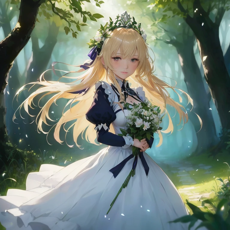 anime girl in a white dress holding a bouquet of flowers, a maid in a magical forest, a sexy maid in a magical forest, cushart krenz key art feminine, anime lush john 8k woods, marisa kirisame, artoria pendragon,  in dress, violet evergarden, guweiz on pixiv artstation, official art, beautiful maiden