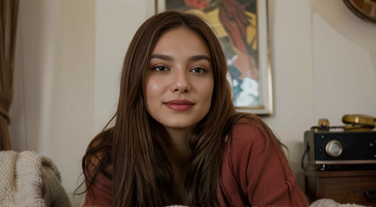 (masterpiece, best quality, photo-realistic:1.3), the captivating face of our serene female protagonist, her (gentle hazel eyes:1.2) reflecting the warmth and nostalgia of analog melodies, with a touch of (vibrant emerald accents:1.2), long eyelashes casting delicate shadows, her lips curved in a (soft, contented smile:1.2) adorned with a (luscious coral lipstick:1.2), the (gentle ambient lighting:1.2) playing on her features with pops of (cozy, golden hues:1.2) and (deep burgundy:1.2), creating an intimate, close-up portrait, her (comfy, well-worn sweater:1.2) framing her face with cozy softness in a (rich maroon:1.2), her (flowing chestnut hair:1.1) gently cascading around her, with a (subtle auburn:1.2) tint in the highlights, and in her eyes, the reflection of the vintage record player spinning, capturing the essence of melodic comfort, surrounded by a mix of (vivid blues and vibrant oranges:1.2) as it washes over her in a play of bright contrasts.