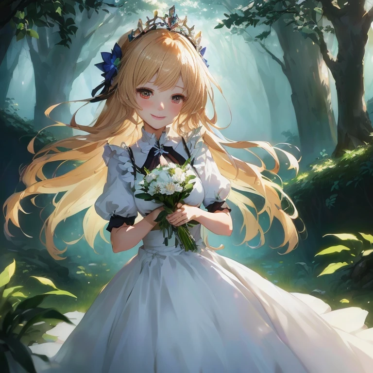 anime girl in a white dress holding a bouquet of flowers, a maid in a magical forest, cushart krenz key art feminine, guweiz on pixiv artstation, blonde - haired princess, guweiz on artstation pixiv, a sexy maid in a magical forest, cute anime waifu in a nice dress, smiling as a queen of fairies