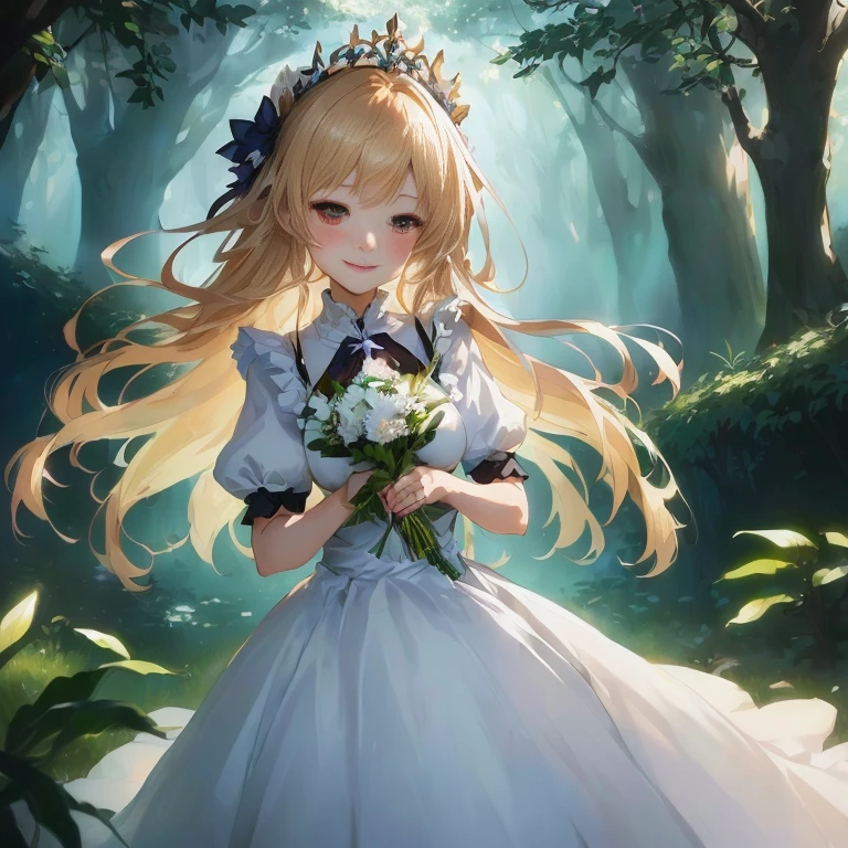 anime girl in a white dress holding a bouquet of flowers, a maid in a magical forest, cushart krenz key art feminine, guweiz on pixiv artstation, blonde - haired princess, guweiz on artstation pixiv, a sexy maid in a magical forest, cute anime waifu in a nice dress, smiling as a queen of fairies