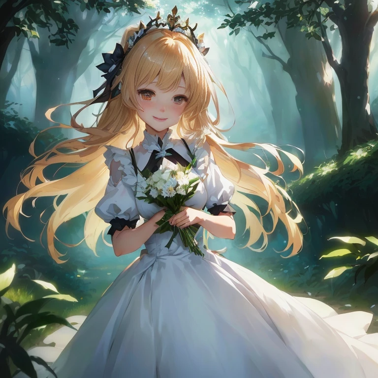 anime girl in a white dress holding a bouquet of flowers, a maid in a magical forest, cushart krenz key art feminine, guweiz on pixiv artstation, blonde - haired princess, guweiz on artstation pixiv, a sexy maid in a magical forest, cute anime waifu in a nice dress, smiling as a queen of fairies