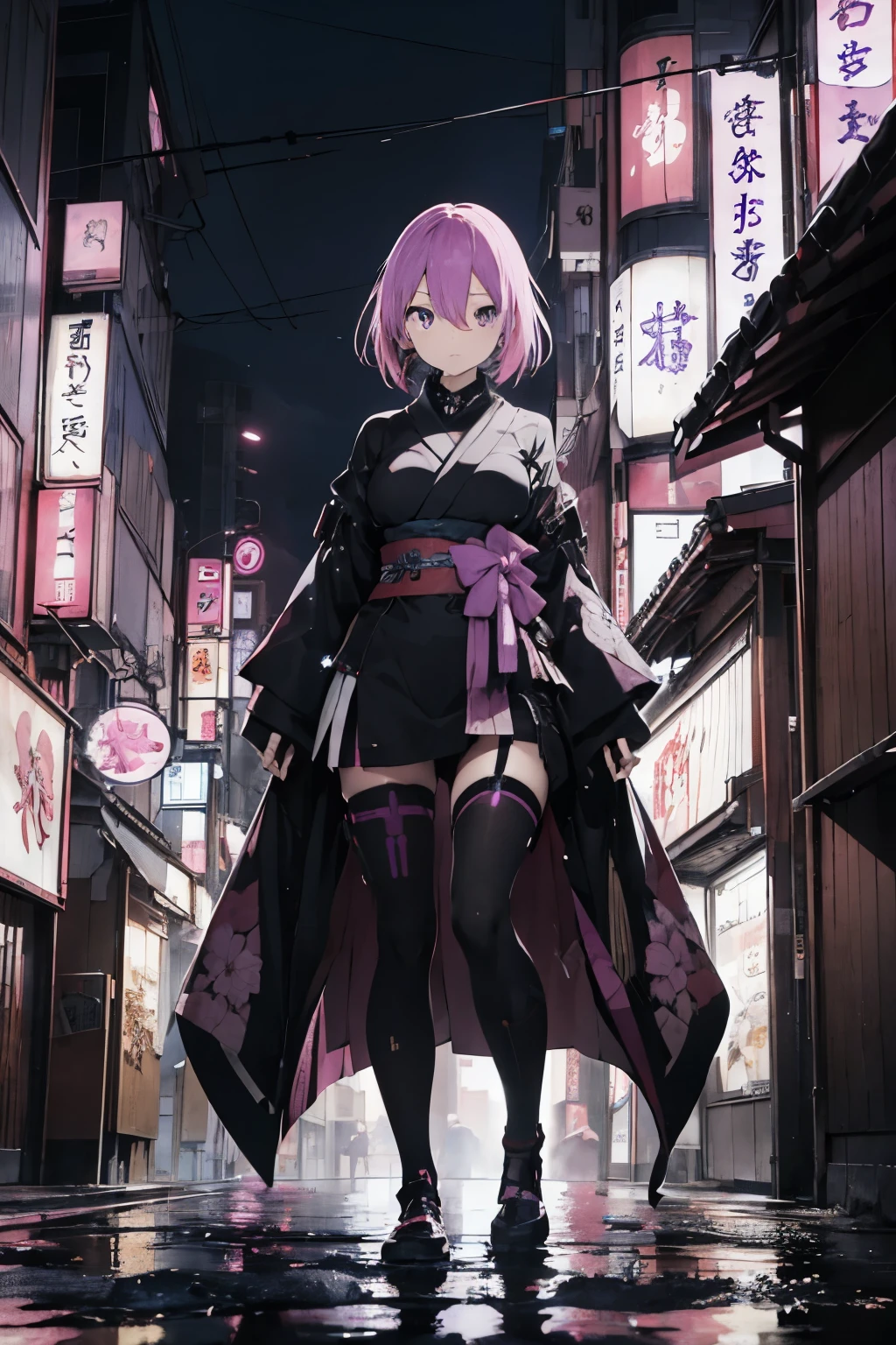 japanese woman, pink hair, purple tokyo city, anime, detailed, ultra detailed, anatomic perfect, medium , melancholic, cyberpunk samurai, vapire girl, sexy, black mantle, medium hair