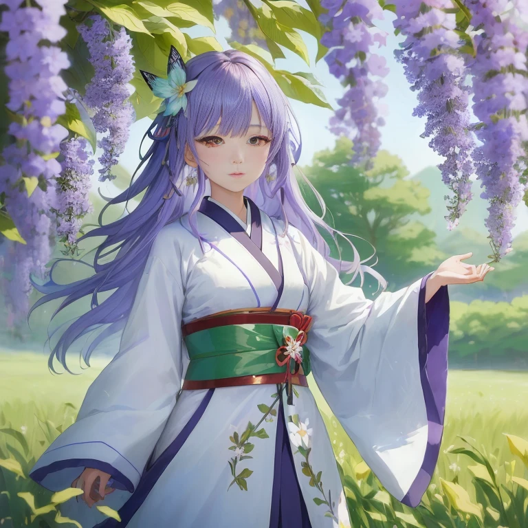 anime girl in a kimono outfit standing in a field of flowers, ayaka genshin impact, the non-binary deity of spring, ayaka game genshin impact, marin kitagawa fanart, inspired by Miyagawa Shunsui, official art, shirabii, inspired by Matsumura Goshun, official artwork, shikamimi