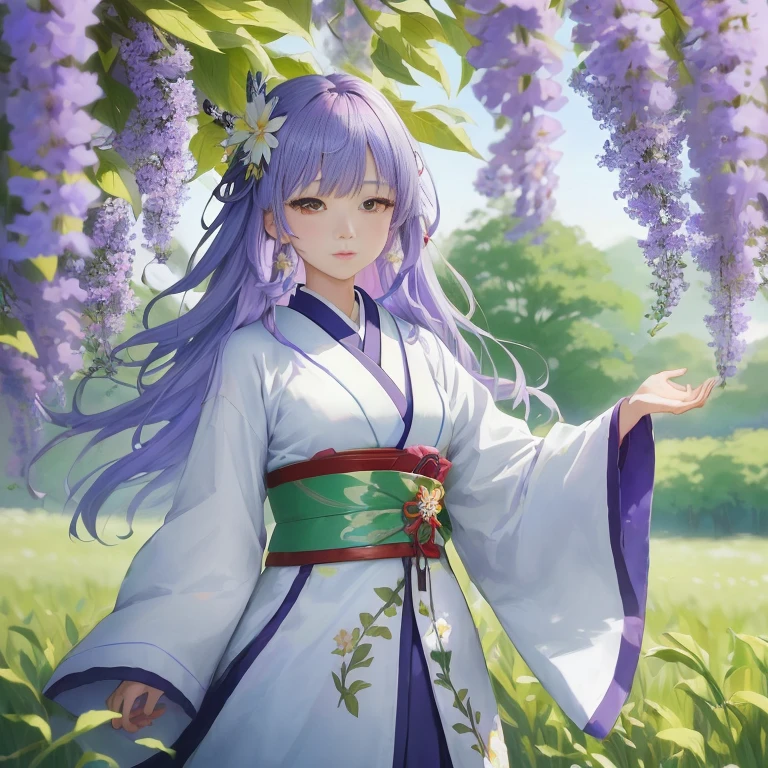 anime girl in a kimono outfit standing in a field of flowers, ayaka genshin impact, the non-binary deity of spring, ayaka game genshin impact, marin kitagawa fanart, inspired by Miyagawa Shunsui, official art, shirabii, inspired by Matsumura Goshun, official artwork, shikamimi