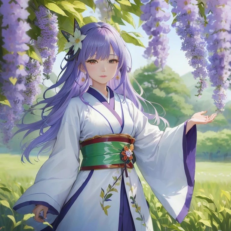 anime girl in a kimono outfit standing in a field of flowers, ayaka genshin impact, the non-binary deity of spring, ayaka game genshin impact, marin kitagawa fanart, inspired by Miyagawa Shunsui, official art, shirabii, inspired by Matsumura Goshun, official artwork, shikamimi