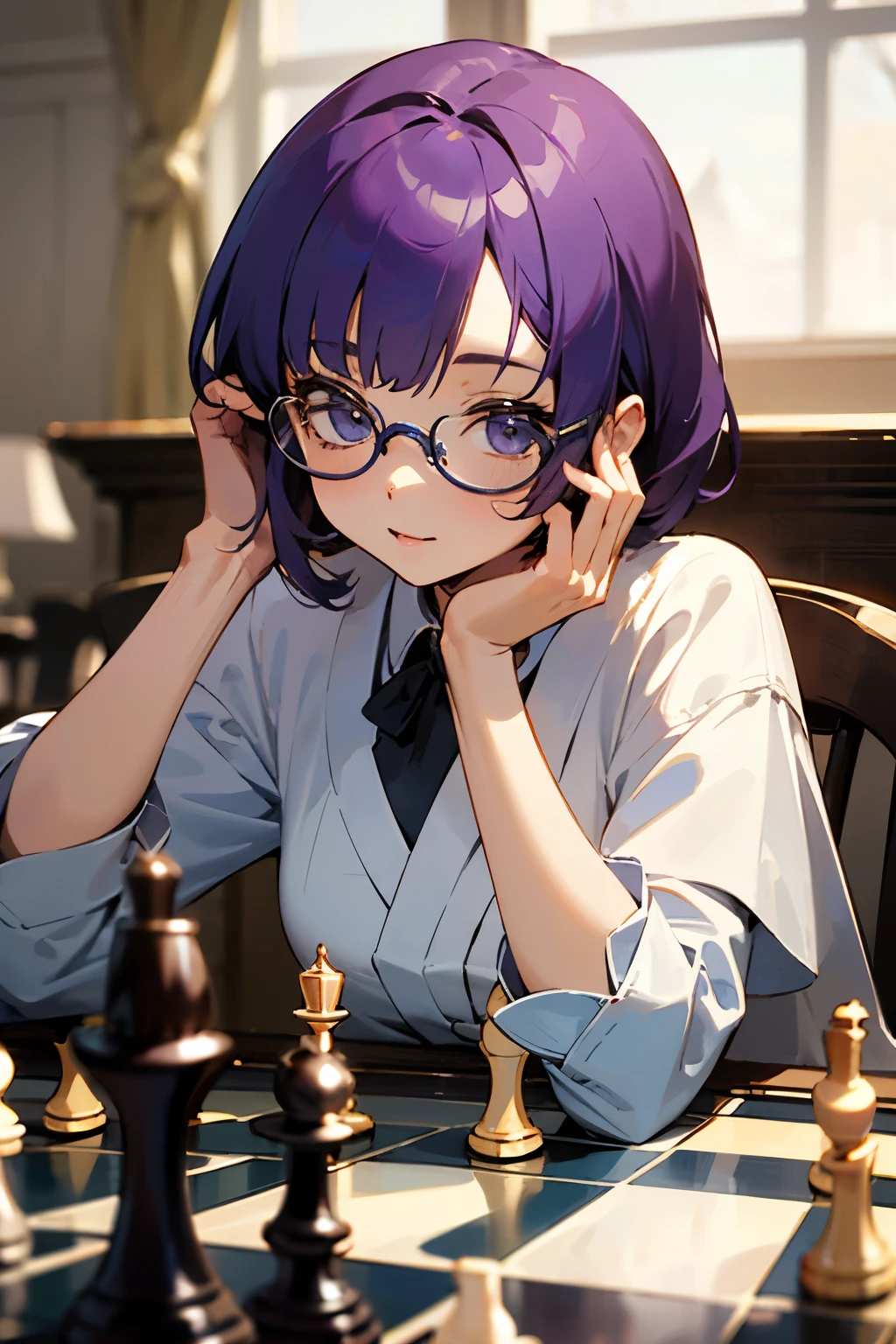 ((best quality)), ((master part)), (circunstanciado), rosto perfeito, anime girl, play chess, nerd, Glasses, purplehead,