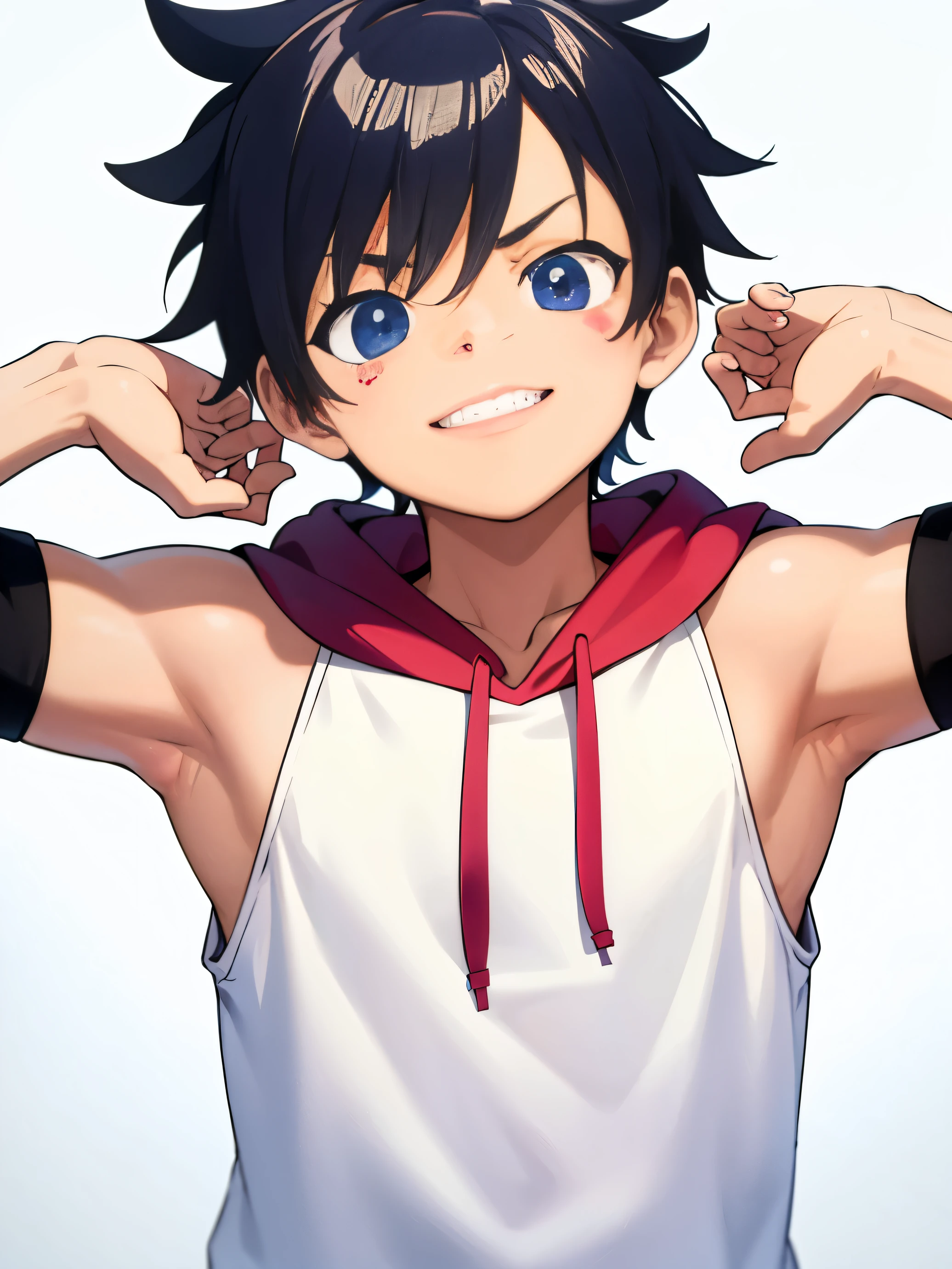 masterpiece, best quality, 1boy, tiny, sticker, Sleeveless hoodie, background minimal, upper body, anime style, cartoon, funny boy