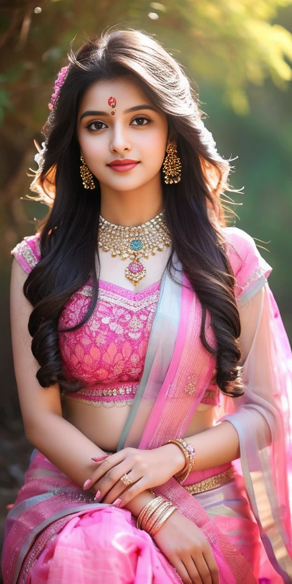 8K, ultra high detailed, an indian girl, cute face, happy, long hair, impressive hairstyle, detailed eyes, detailed lips, indian clothes, saree, pink saree, lace, wearing jewellery, nature background, flowers, afternoon, shadow, clear weather, sitting, whole body capture,