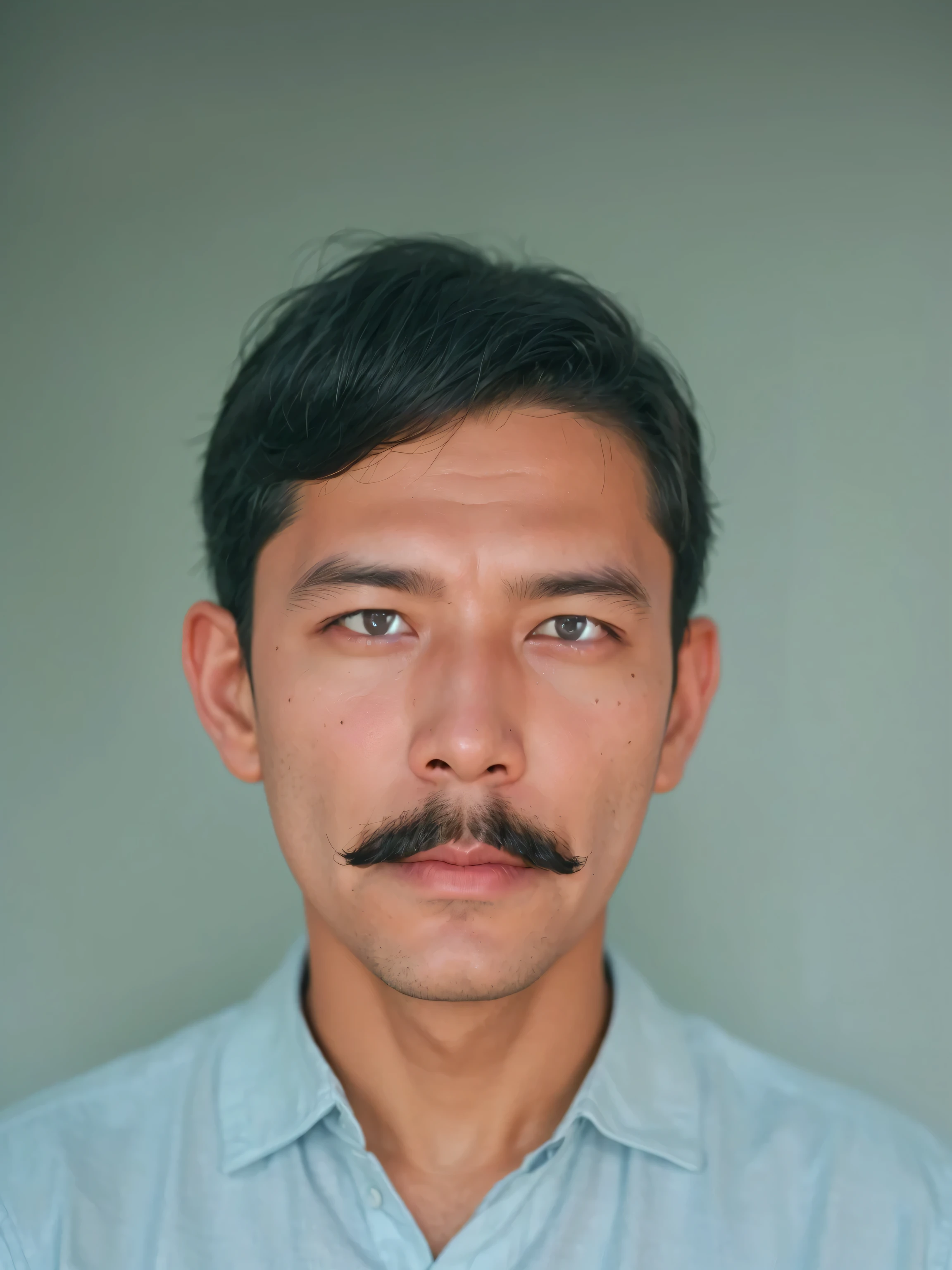 Make this photo look detailed and realistic, arafed man with a mustache and a moustache looks at the camera, a photo of a man, south east asian with round face, photo of a man, nivanh chanthara, raden saleh, portait image, portrait shot 8 k, rait, mid shot portrait