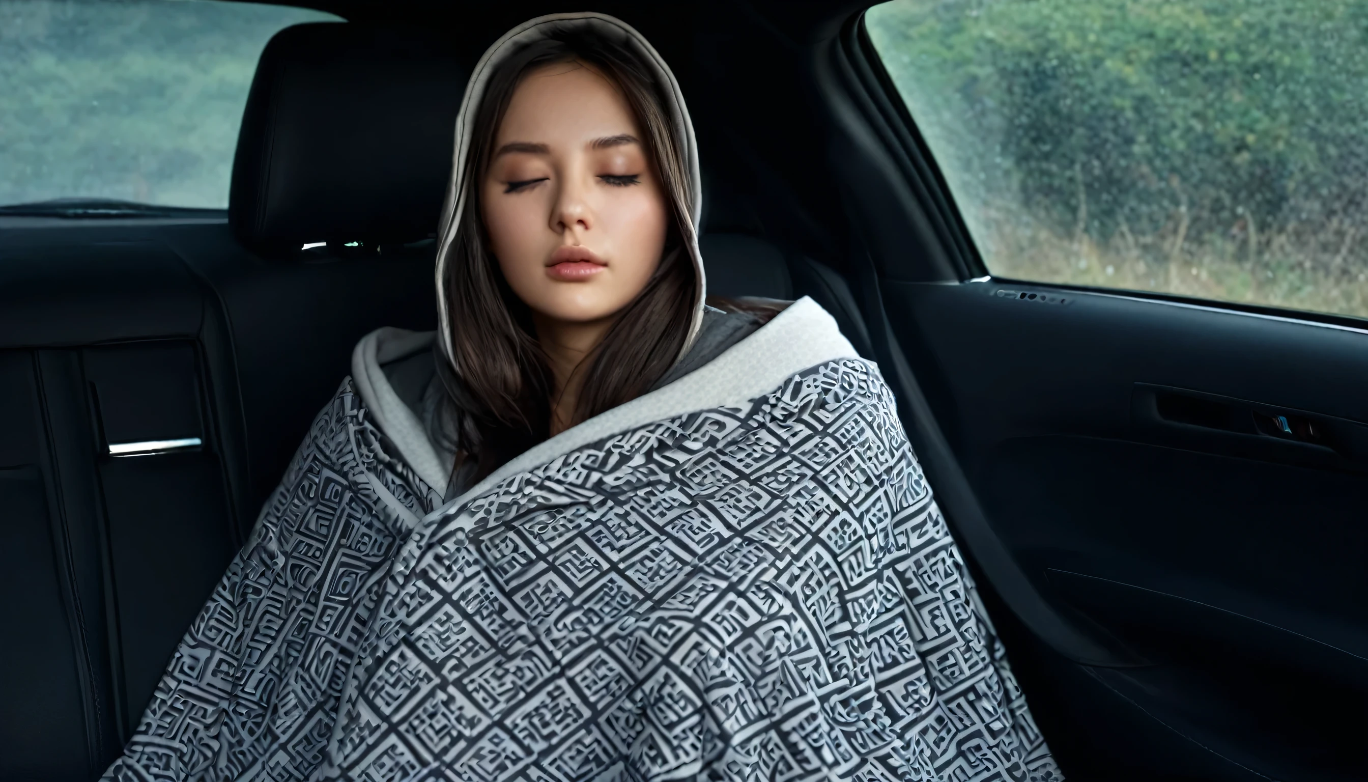 (Top quality, 8k, masterpiece: 1.3), beautiful woman with perfect figure: 1.4, dark brown hair, wearing a hoody, wearing a blanket, in a car, highly detailed face and skin, detailed eyes, double eyelids, closed eyes , sleeping, big breasts