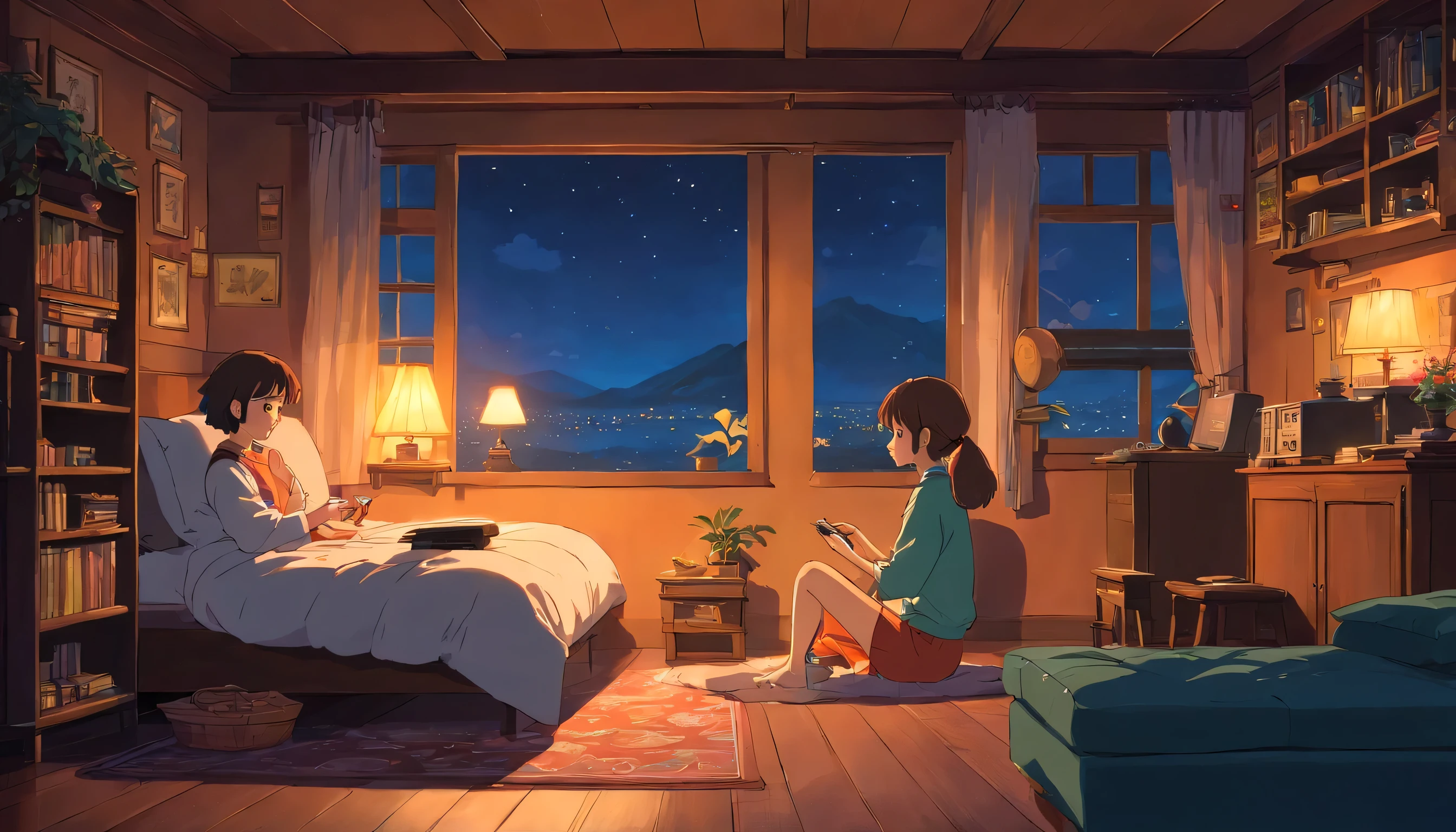 image parfaite, 8k, Girl listening to music in a cozy room at night, Utiliser des écouteurs, Style animé 2D, Lo-Fi, disque dur, environnement sombre, Cuddled with her boyfriend,