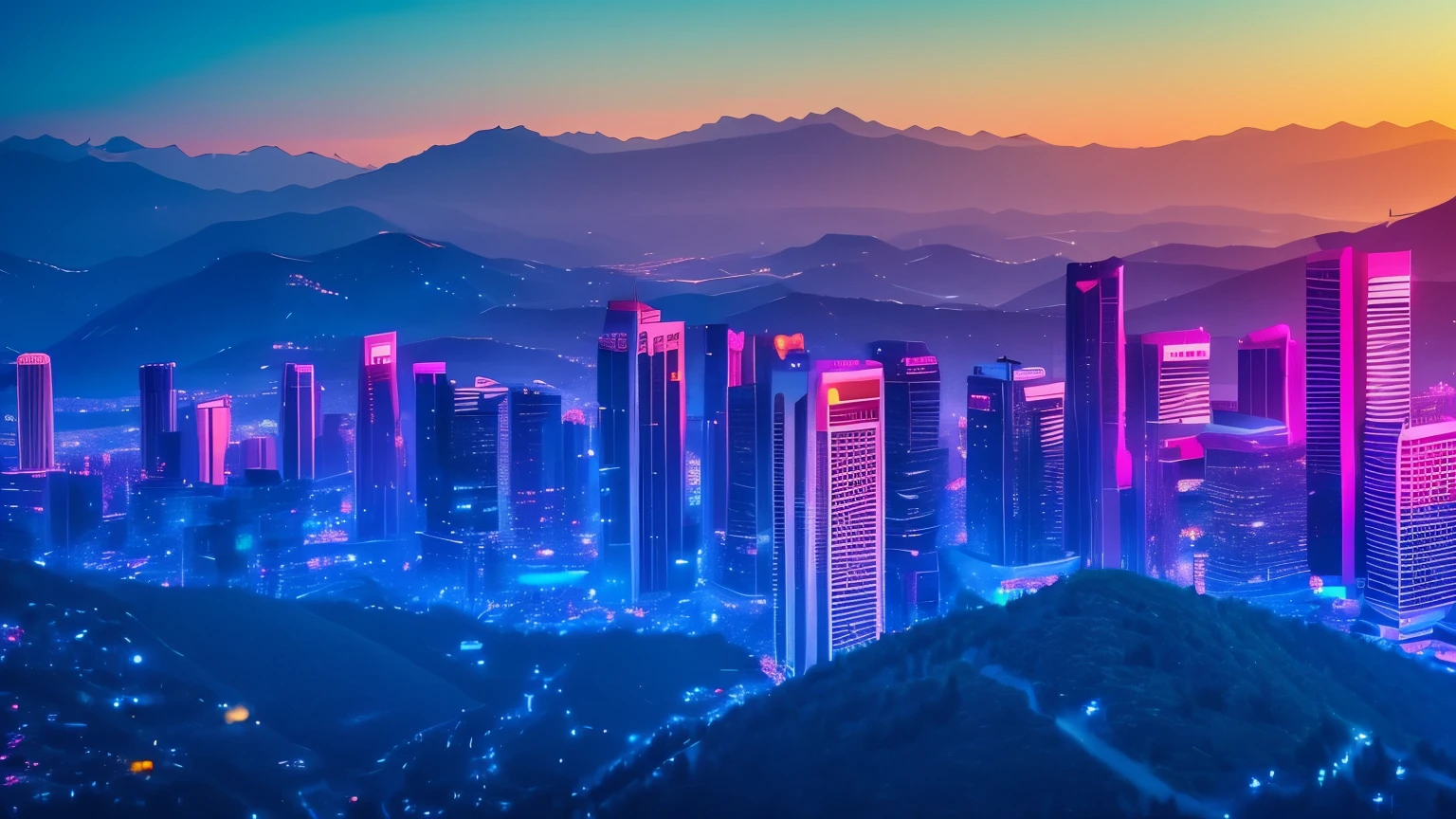busy city with tall towers, in the mountains. retrowave style