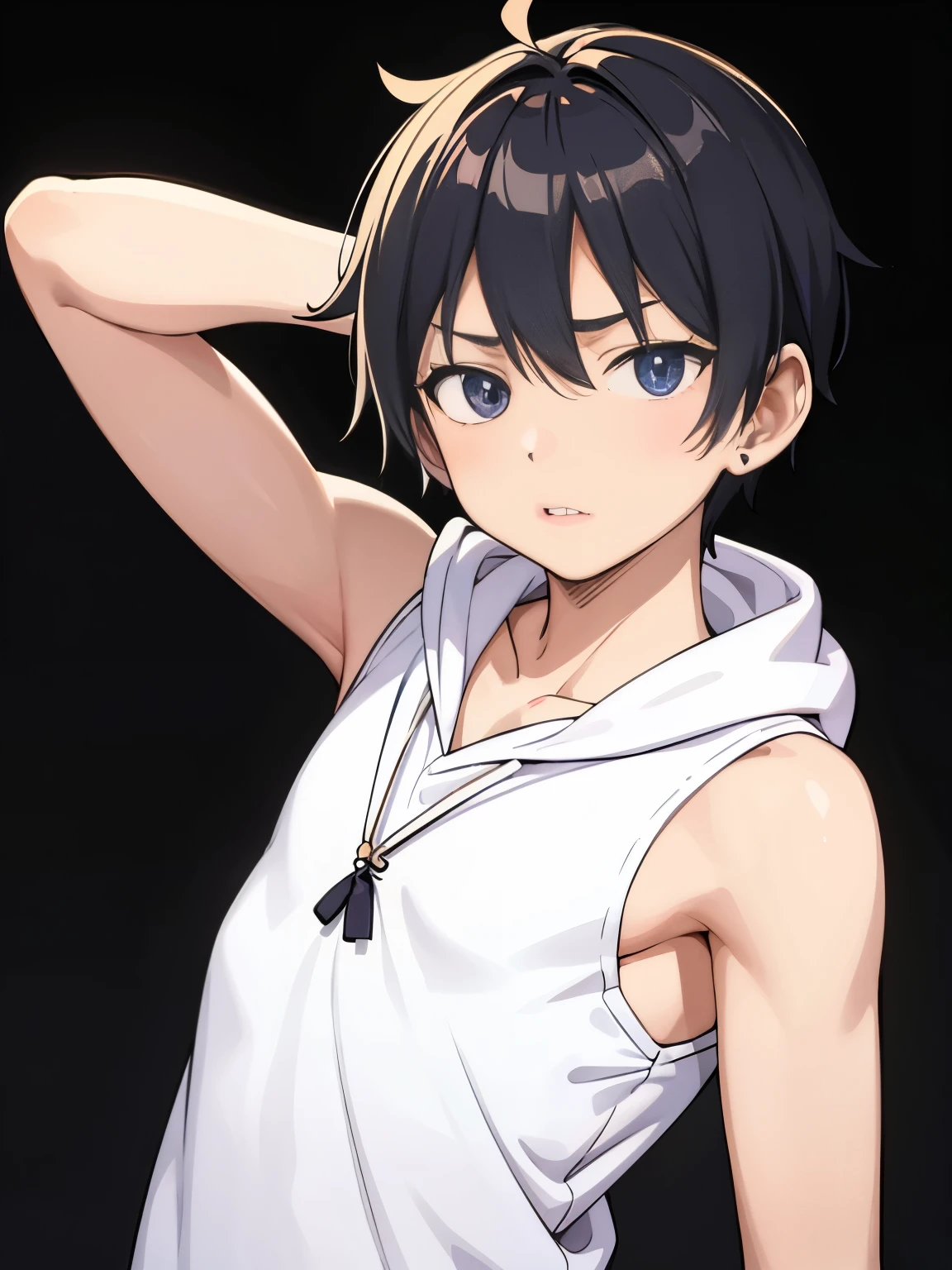 masterpiece, best quality, 1boy, tiny, sticker,background minimal, Sleeveless hoodie, upper body, anime style, cartoon, promise you