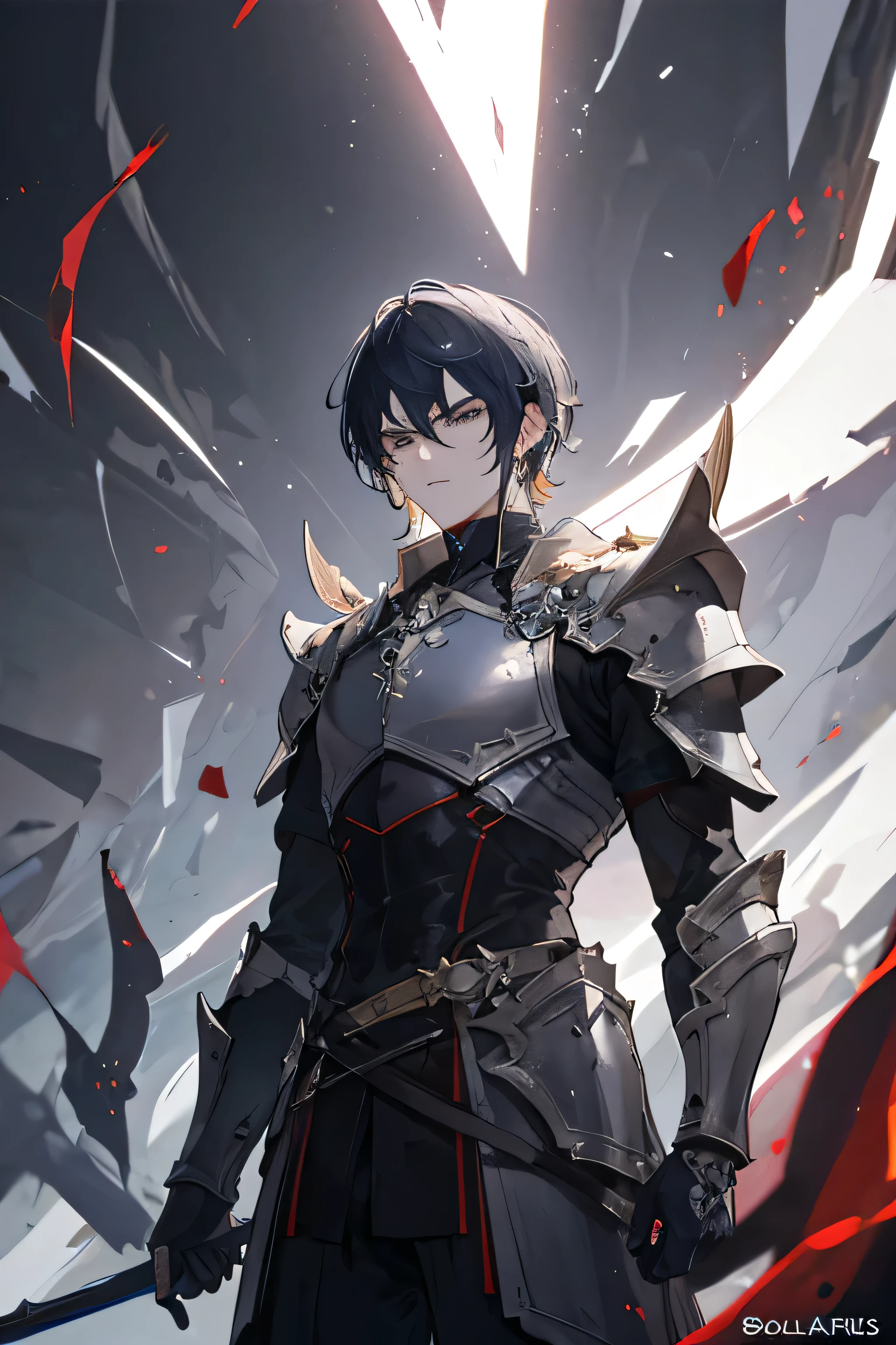 ((best quality)), ((masterpiece)), (detailed), A male warrior of light and darkness. He has epic and badass armor. His name is Solaris