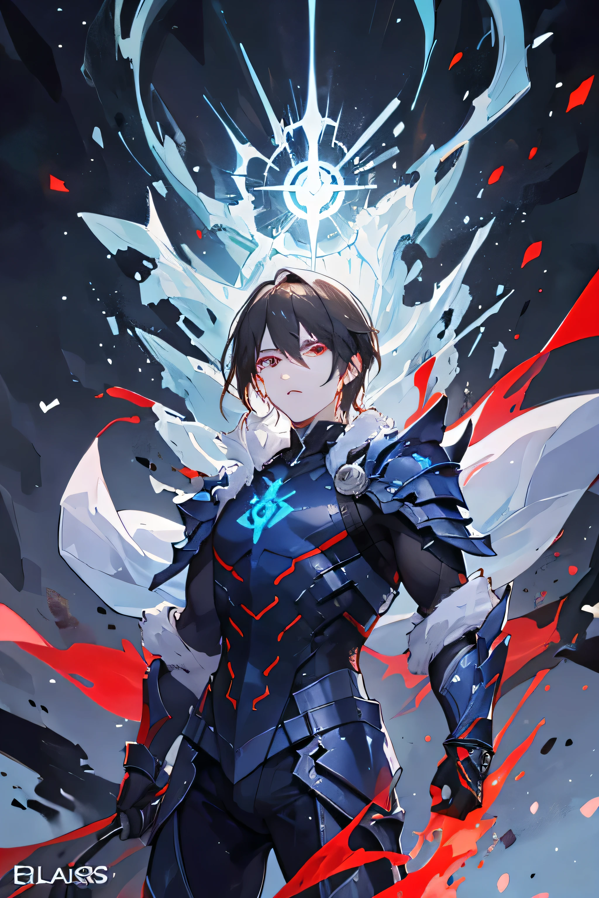 ((best quality)), ((masterpiece)), (detailed), A male warrior of balance, he embodies both light and darkness. He has epic red and blue armor with some white. His name is Solaris.