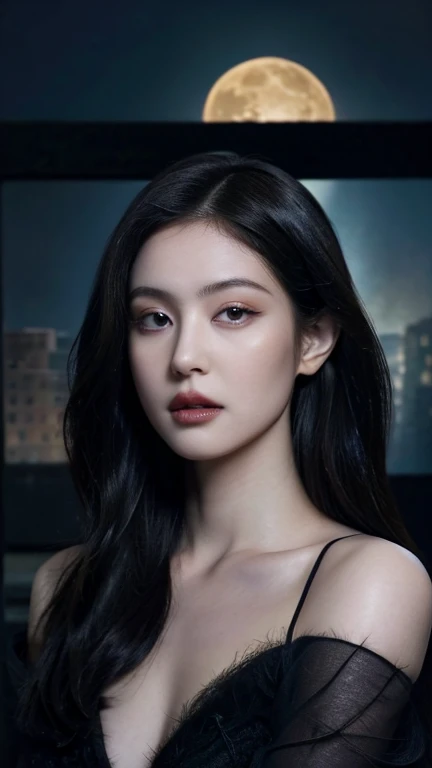masterpiece, Ultra realistic, 16k, high quality, incredibly detailed, dream aesthetic, nightmare atmosphere, cinematic, work of art, (sharp focus: 1.5), (photorealistic: 1.3), featured (Beautiful girl), a goth girl in a movie scene, cinematic, detailed, 4k sharp focus, realistic, horror movie. scary. Tall and gorgeous, goth makeup. Seductive. Long pale-obsidian Messy hair, framing her pale, alabaster skin that seems to glow ethereally. Her attire is goth. Voluptuous form. Realistic eyes (evil eyes look), her eyes are like red orbs of intense of sinister light. A symmetrical face ::2 goth clothes + eclipse background + moon::1.5 ethereal illustration + trending on artstation + concept art + fantasy art + realistic cloth + fractals in the background, flowing hair --aspect 9:21 --uplight his otherworldly beauty. realistic skin texture, pale-white skin illuminated. realistic perfect shading. absurdres, realistic textures. solo, alone, 1girl. tall. looking at viewer. female muscular body, toned body, defined muscles. Realistic natural breasts, cleavage. pantyhose, (a black) darkness queen dress adorned in gold (realistic texture). In Different positions at different angles. Night background. unbelievably real, best quality, Photorealistic.