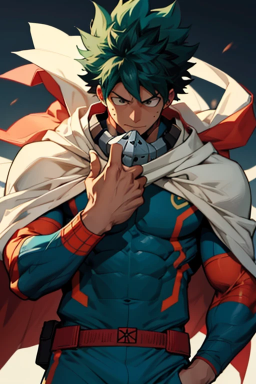 Un Izuku Midoriya con la musculatura de All Might , With toned and robust muscles, His strength and endurance would be unmatched.. His All Might-inspired suit would be a perfect combination of style and functionality., with the characteristic design in the shape of "Y" en el pecho y los colores verde, negro y blanco decorando su uniforme. The cape billowing behind him would add a touch of majesty to his appearance., making it look even more impressive