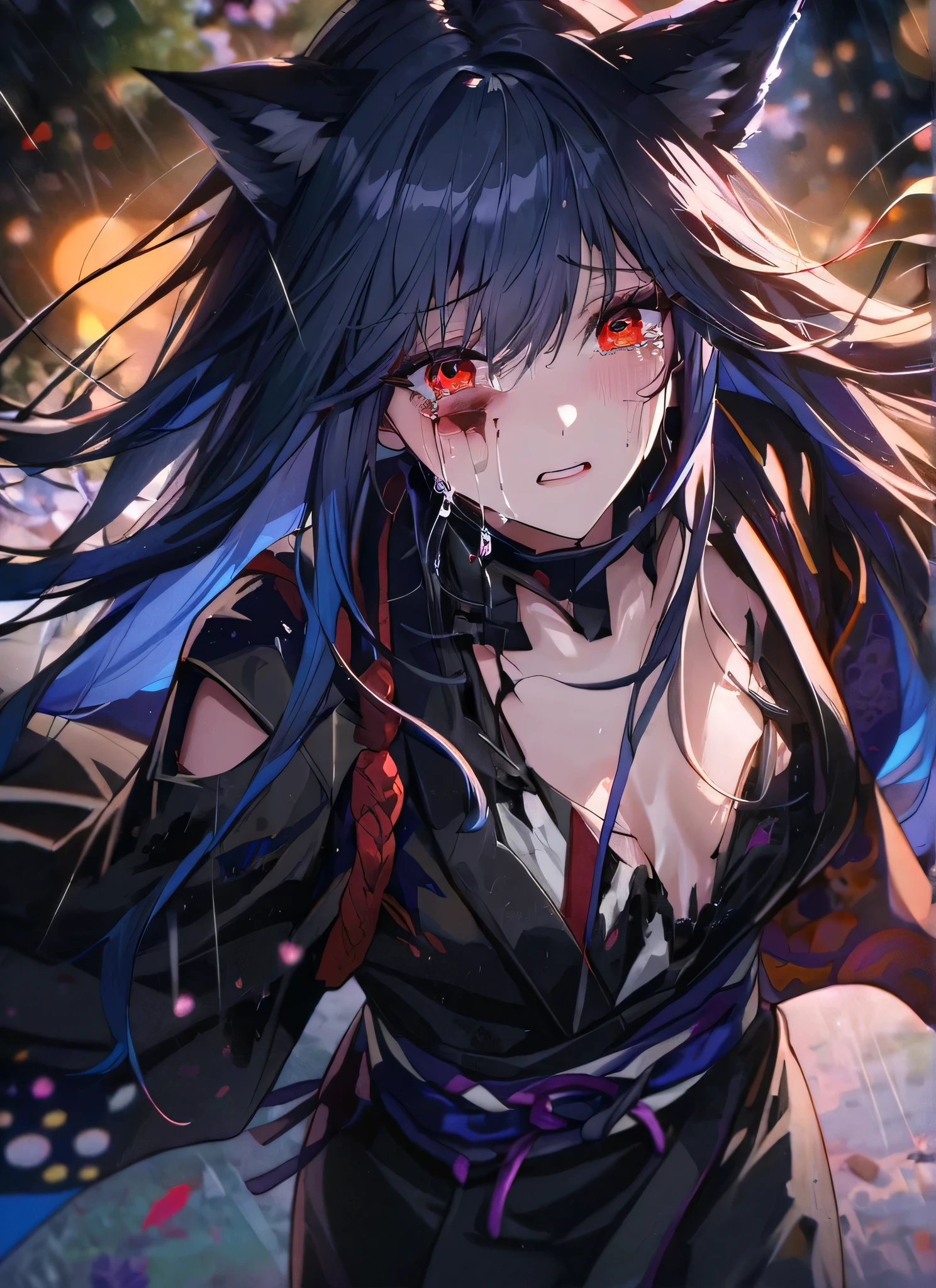 detail description,professional,vivid colors,bokeh,portraits, nsfw
A gorgeous girl, wolf ears, wearing a very damaged kimono samurai suit, a very ripped damaged kimono suit, missing parts of the suit, very ripped clothes, she's sad, tears, heartbroken, hurt, blood, dark garden, white roses, ultra detailed face, long eyelashes, sharp eyes, perfect make up, white ultra long hair, fullbody shot, garden, night, rain, dramatic scenario, cowboy shot, running in the rain, running in tears, running fast