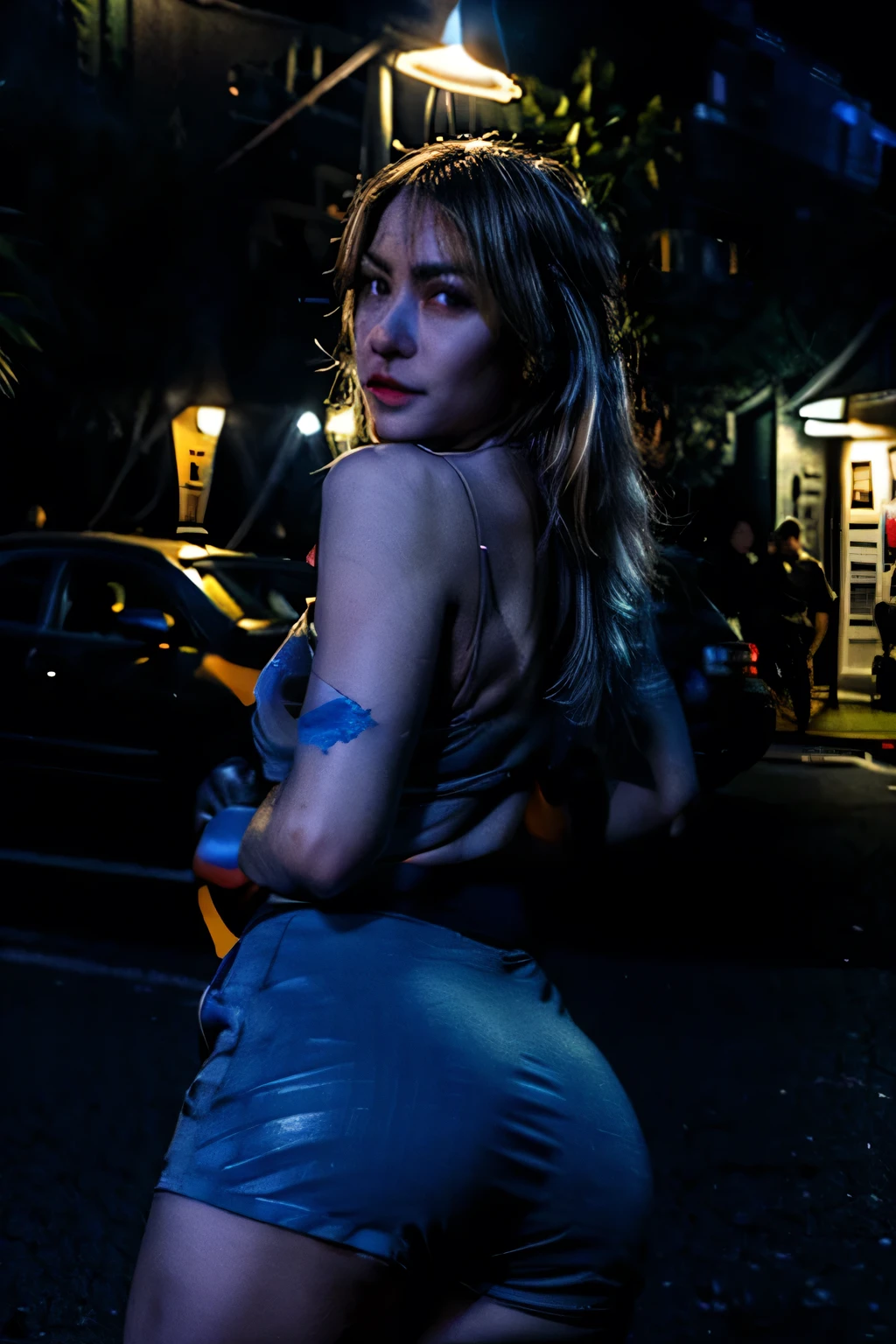 1 girl in black underwear looks into space at night, lamp post lighting, pharmacy by the road, Detailed details, High image quality, cinematic realism, cinematic frame, perfect facial features, still frame of the film, blonde, perfect body, hourglass proportions, chest size 5, huge huge thighs, ass in centerfold, big ass, Back view, view from the back, in half a turn, correct dim light, mostly blue, car headlights, no porn
