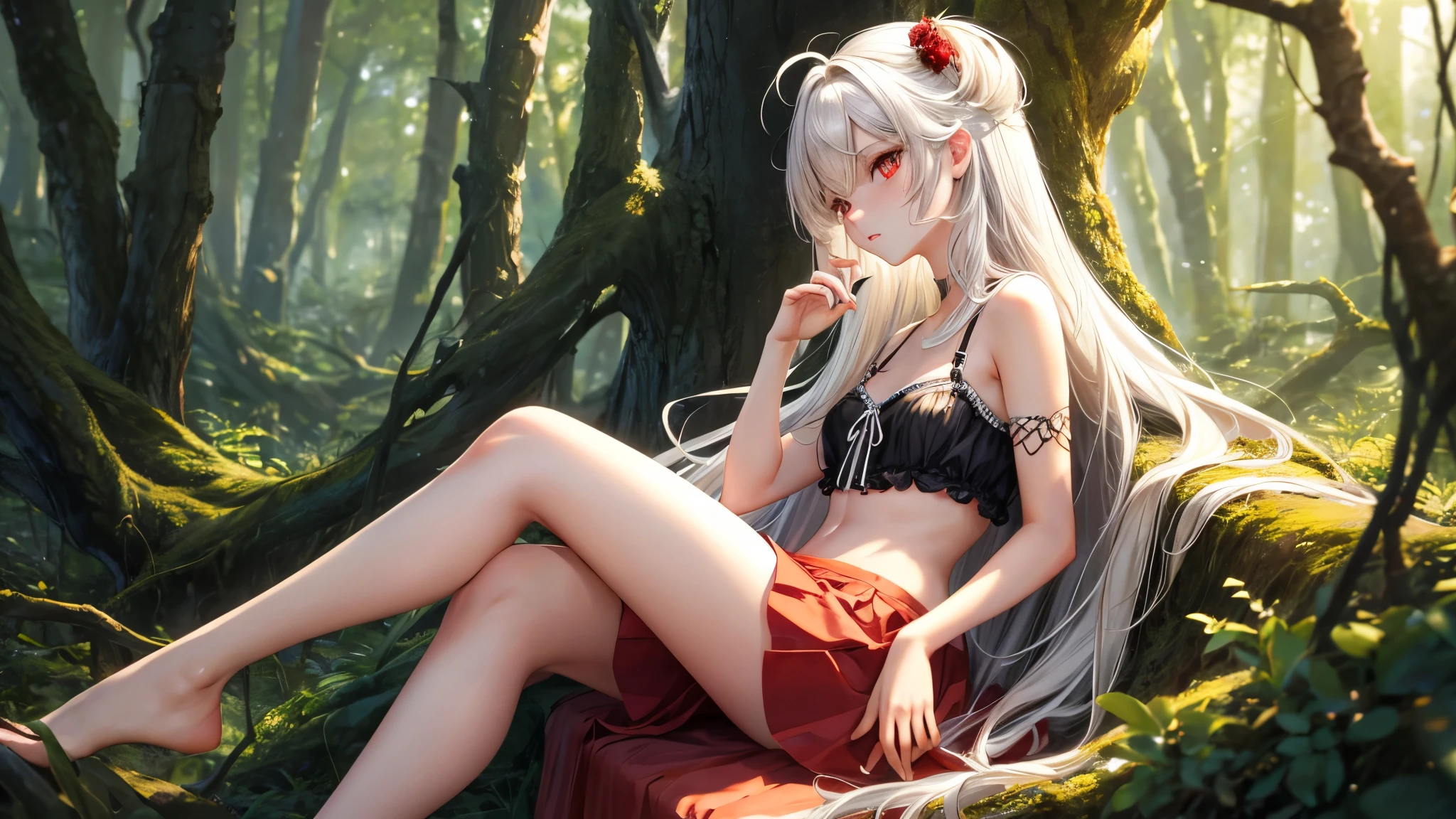 anatomically correct fingers, anatomically correct legs,((masterpiece)), (High resolution), (highest quality), (super detailed), (figure), original, Highly detailed 8K wallpaper, ((1 girl)), (very delicate and beautiful), forest, sunlight, particles of light, ,cute, ((messy hair)), very long bright white hair, red eyes, bare shoulders ,delicate legs, black skirt ,looking at the viewer, Looks straight into your eyes, her gaze is directed at you, sitting,from the side from the side, small breasts,