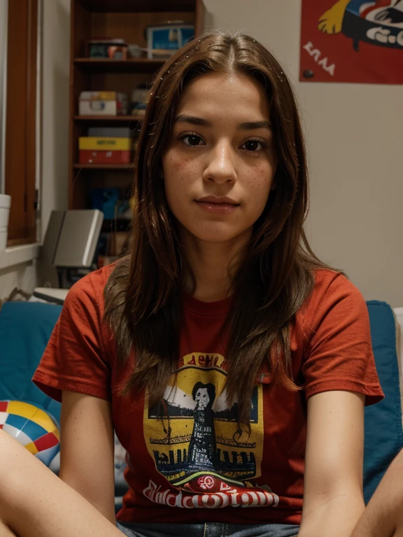 chica, 20 years, pelo largo de color rojo, pecas, sala de estar, jugando playstation, vaqueros y camiseta