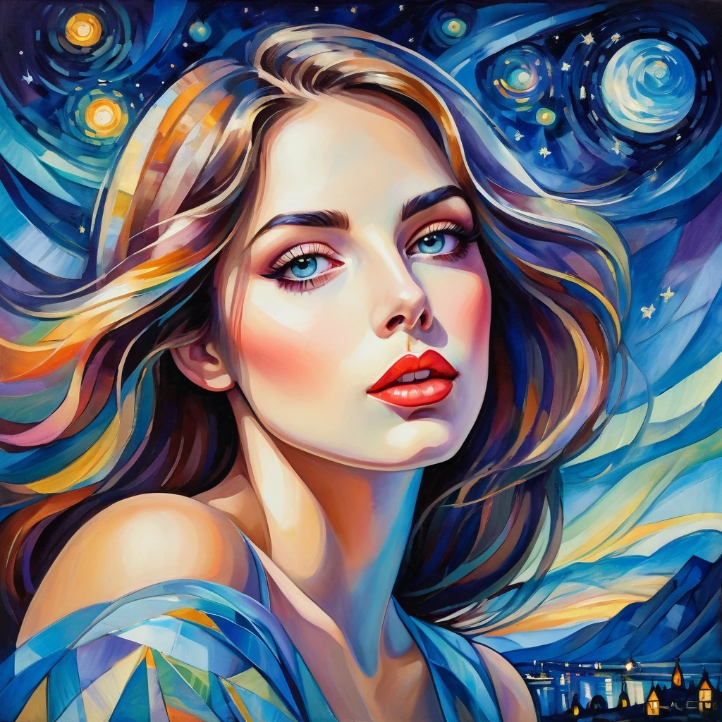 (best quality,actual,high resolution:1.2),pastel tones, painting,Impressionist strokes,from cubism, Fauvism to Surrealism and Abstraction, Beautiful and delicate eyes of a woman,Beautiful and delicate lips,flowing hair, Their artistic concepts and patterns are reflected in the clothing design.starry sky background
