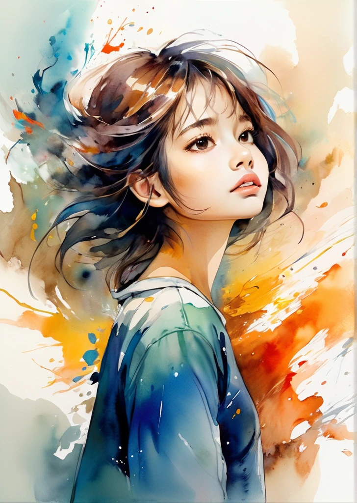 Absurd, High resolution, Super detailed, (One girl:1.3), Cute breaking expressive brush strokes, Ink painting, Gradation, , Poetic atmosphere, A delicate balance, fluid motion , Section