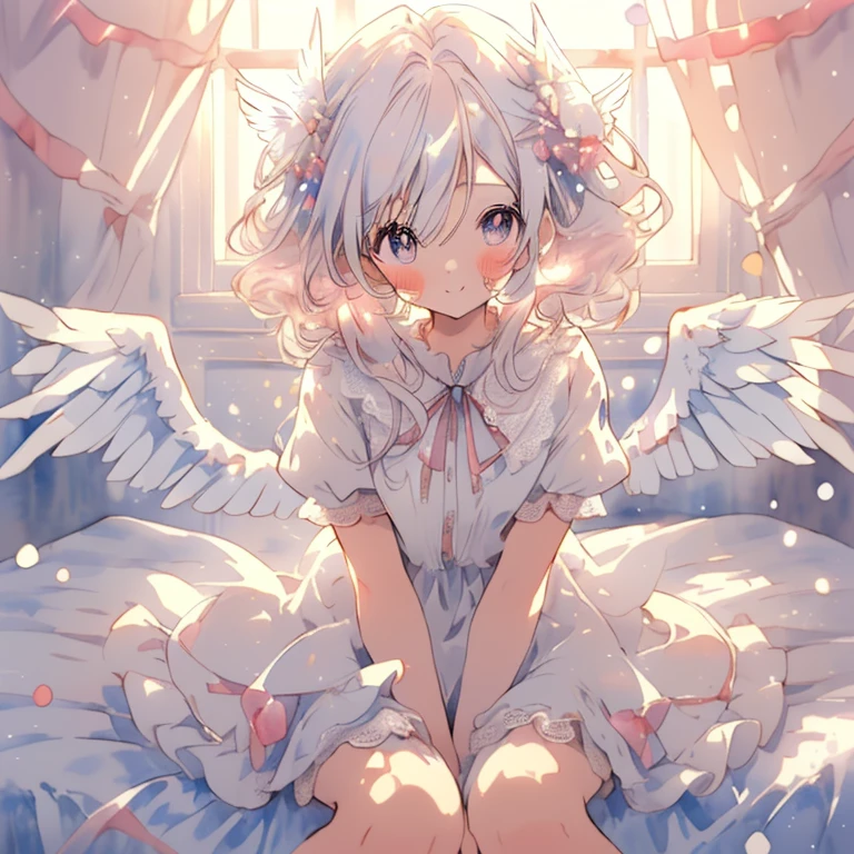 (ren's room), cute, moe, ((two angel girls)), calm, (healing), ((playing together)), cute, watercolor, (full body)), (cute 6 yea), (((drawn with delicate and fine lines, cherry blush, fair skin, slim body, long eyelashes, attractive and sparkling big eyes))), ((( Detailed and delicate design, pretty dress with lots of ribbons, lace and frills))), (((angel wings on her back, angel ring on her head))), full smile. ((watercolor style, moe anime textures)), world full of mysterious light, ((cute)), gentle, healing, magical fantasy, (((top quality, highest image quality))),