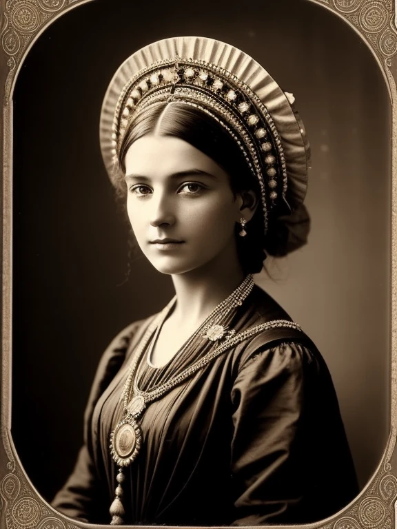 (Masterpiece) An insanely beautiful Victorian lady nomad with rich flowering headdress, vintage sepia photography, very old and torned photo