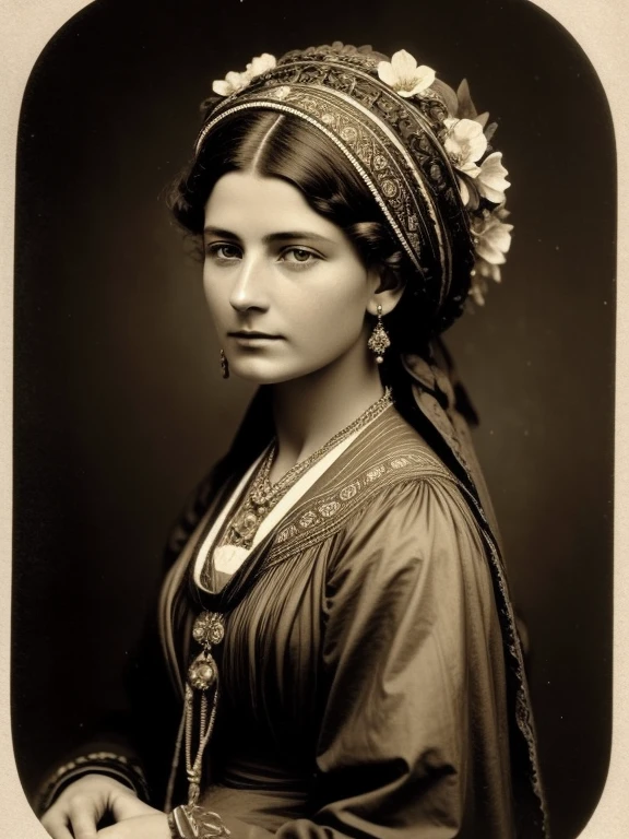 (Masterpiece) An insanely beautiful Victorian lady nomad with rich flowering headdress, vintage sepia photography, very old and torned photo