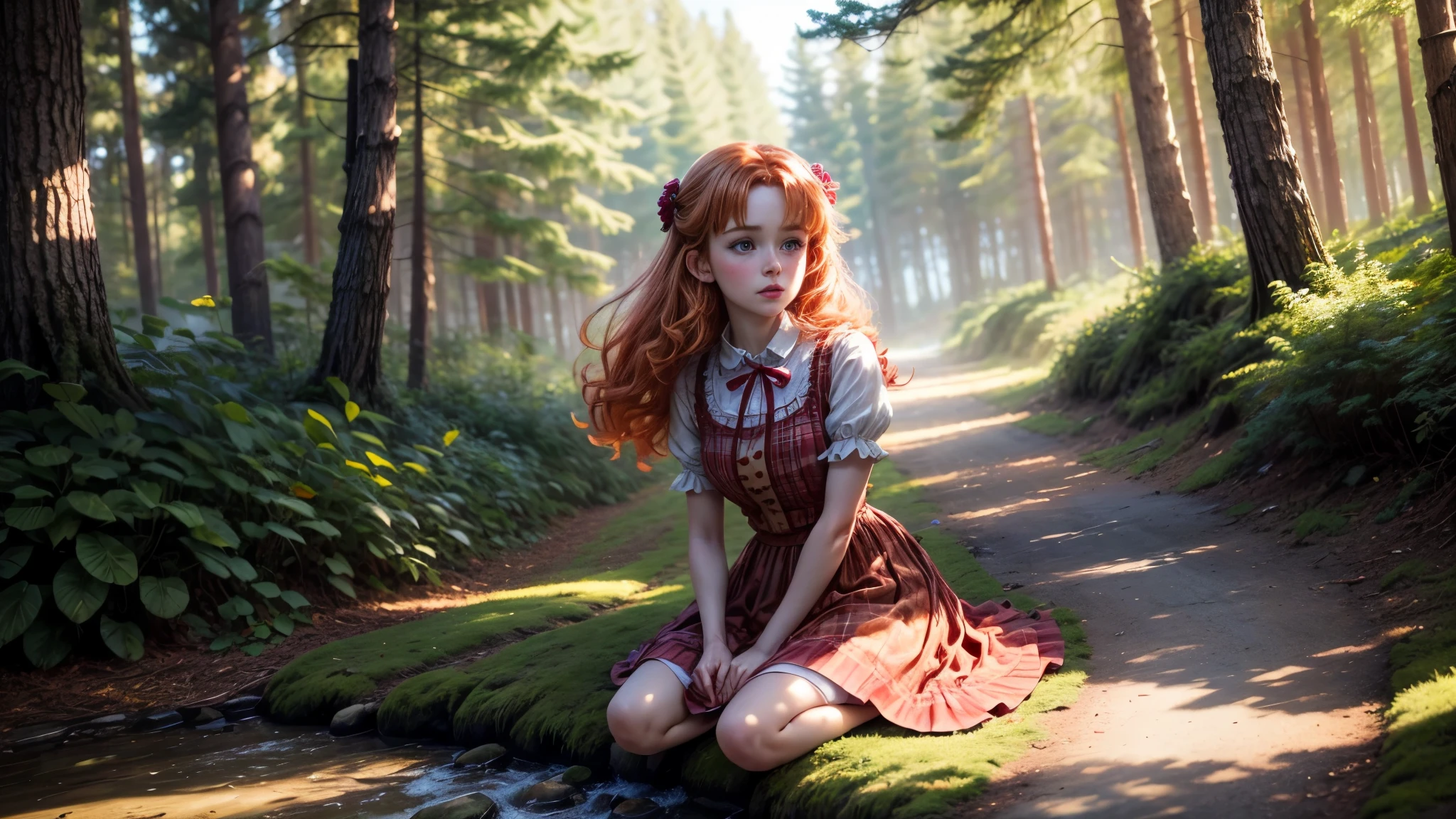 8k, masterpiece, lolita, ginger hair, ginger eyebrows, she's looking at us, Sunlit, Frolicking happily, colorful Dress with skirt, frickles, pine forrest on a windy day, sunlit day, Sitting on a stone, marking on us