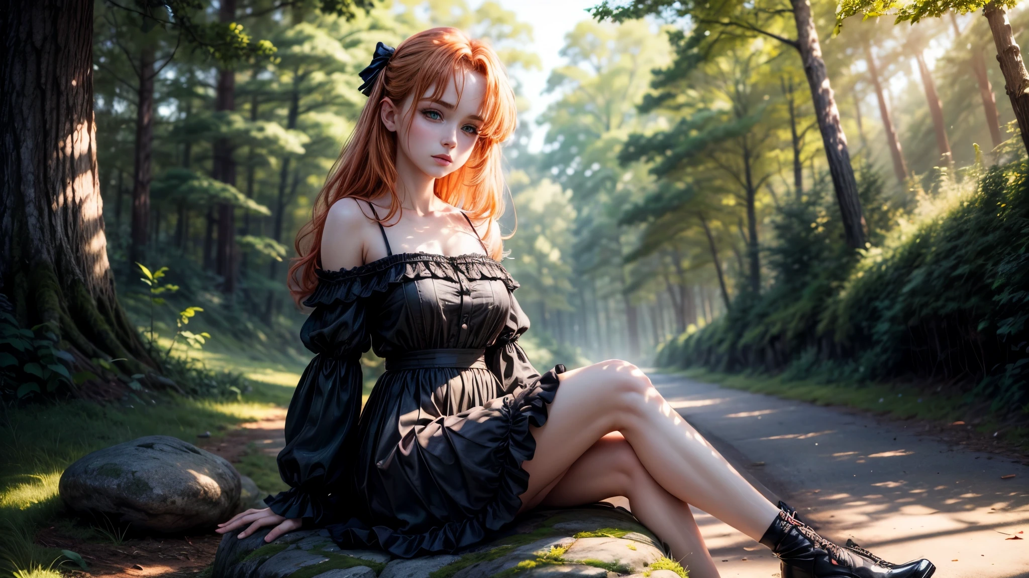 8k, masterpiece, lolita, ginger hair, ginger eyebrows, she's looking at us, bare shoulders ,delicate legs, black skirt, looking at the viewer, Looks straight into your eyes, her gaze is directed at you,Sunlit, Frolicking happily, colorful Dress with skirt, frickles, pine forrest on a windy day, sunlit day, Sitting on a stone, marking on us