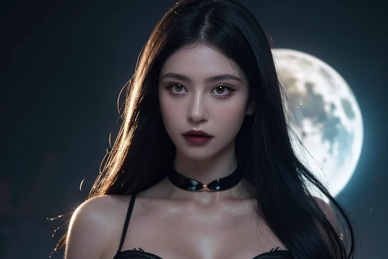 masterpiece, Ultra realistic, 16k, high quality, incredibly detailed, dream aesthetic, nightmare atmosphere, cinematic, work of art, (sharp focus: 1.5), (photorealistic: 1.3), featured (Beautiful girl), a goth girl in a movie scene, cinematic, detailed, 4k sharp focus, realistic, horror movie. scary. Tall and gorgeous, goth makeup. Seductive. Long pale-obsidian Messy hair, framing her pale, alabaster skin that seems to glow ethereally. Her attire is goth. Voluptuous form. Realistic eyes (evil eyes look), her eyes are like red orbs of intense of sinister light. A symmetrical face ::2 goth clothes + eclipse background + moon::1.5 ethereal illustration + trending on artstation + concept art + fantasy art + realistic cloth + fractals in the background, flowing hair --aspect 9:21 --uplight his otherworldly beauty. realistic skin texture, pale-white skin illuminated. realistic perfect shading. absurdres, realistic textures. solo, alone, 1girl. tall. looking at viewer. female muscular body, toned body, defined muscles. Large natural breasts, cleavage. pantyhose, (a black) darkness queen dress adorned in gold (realistic texture). In Different positions at different angles. Night background. unbelievably real, best quality, Photorealistic.