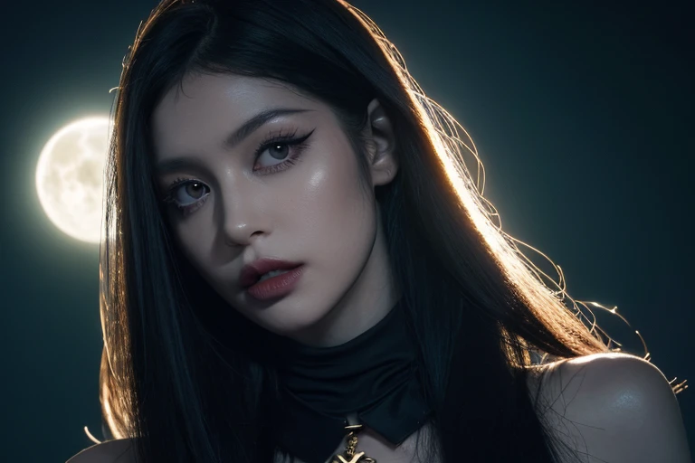 masterpiece, Ultra realistic, 16k, high quality, incredibly detailed, dream aesthetic, nightmare atmosphere, cinematic, work of art, (sharp focus: 1.5), (photorealistic: 1.3), featured (Beautiful girl), a goth girl in a movie scene, cinematic, detailed, 4k sharp focus, realistic, horror movie. scary. Tall and gorgeous, goth makeup. Seductive. Long pale-obsidian Messy hair, framing her pale, alabaster skin that seems to glow ethereally. Her attire is goth. Voluptuous form. Realistic eyes (evil eyes look), her eyes are like red orbs of intense of sinister light. A symmetrical face ::2 goth clothes + eclipse background + moon::1.5 ethereal illustration + trending on artstation + concept art + fantasy art + realistic cloth + fractals in the background, flowing hair --aspect 9:21 --uplight his otherworldly beauty. realistic skin texture, pale-white skin illuminated. realistic perfect shading. absurdres, realistic textures. solo, alone, 1girl. tall. looking at viewer. female muscular body, toned body, defined muscles. Large natural breasts, cleavage. pantyhose, (a black) darkness queen dress adorned in gold (realistic texture). In Different positions at different angles. Night background. unbelievably real, best quality, Photorealistic.
