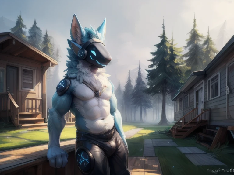 (( A Light Blue fur protogen furry character with The image you've shared presents a tranquil outdoor scene enveloped in fog. Here's a detailed description:
- **Mobile Home**: On the left, there's a mobile home with a white exterior, accessible via a small set of wooden steps. It's nestled among various trees, including tall pine trees, which add to the scene's natural beauty.
- **Misty Atmosphere**: The entire area is shrouded in a dense fog, creating a serene yet mysterious ambiance. It seems to be early morning or late evening when such fog is common.
- **Yard and Vegetation**: In front of the mobile home, there's a yard with patches of grass that appear freshly wet, possibly from morning dew or a recent light rain. The grass shows variations, with some areas lush and green, while others are more sparse.
- **Air Conditioning Unit**: To the right forefront, an air conditioning unit sits on the in the background, constructivist poster style, really nice digital art colors tones, simple composition) ), hentai, , anthro, , male, tall, shortstack , muscular chest , muscular , angle, looking at viewer, extremely detailed, photorealistic, 3d render, high quality digital art, smug grin, detailed eyes, ,good anatomy, good perspective, towards viewer, by bebebebebe, by sicklyhypnos, by gerkk, by orf, (by by cutesexyrobutts, by darkgem, by zackary911, (by by singafurian, by daftpatriot, sassy, cute, early 20s, detailed face, handsome, slightly chubby and big muscles , face, detailed mouth, hentai style, shirtless, sfw, show off, close up , anthro, boy, male, short, shortstack,, muscular, standing, angle, looking down at viewer, background, extremely detailed, photorealistic, 3d render, high quality erotic digital art, smug grin, detailed eyes, , good anatomy, good perspective, towards viewer, by gerkk, by orf, (by mawmain:0.8), by cutesexyrobutts, by darkgem, by zackary911, (by tofu-froth:1.3), by singafurian, by daftpatriot, (soft belly:1.1), , you can see full body ,))